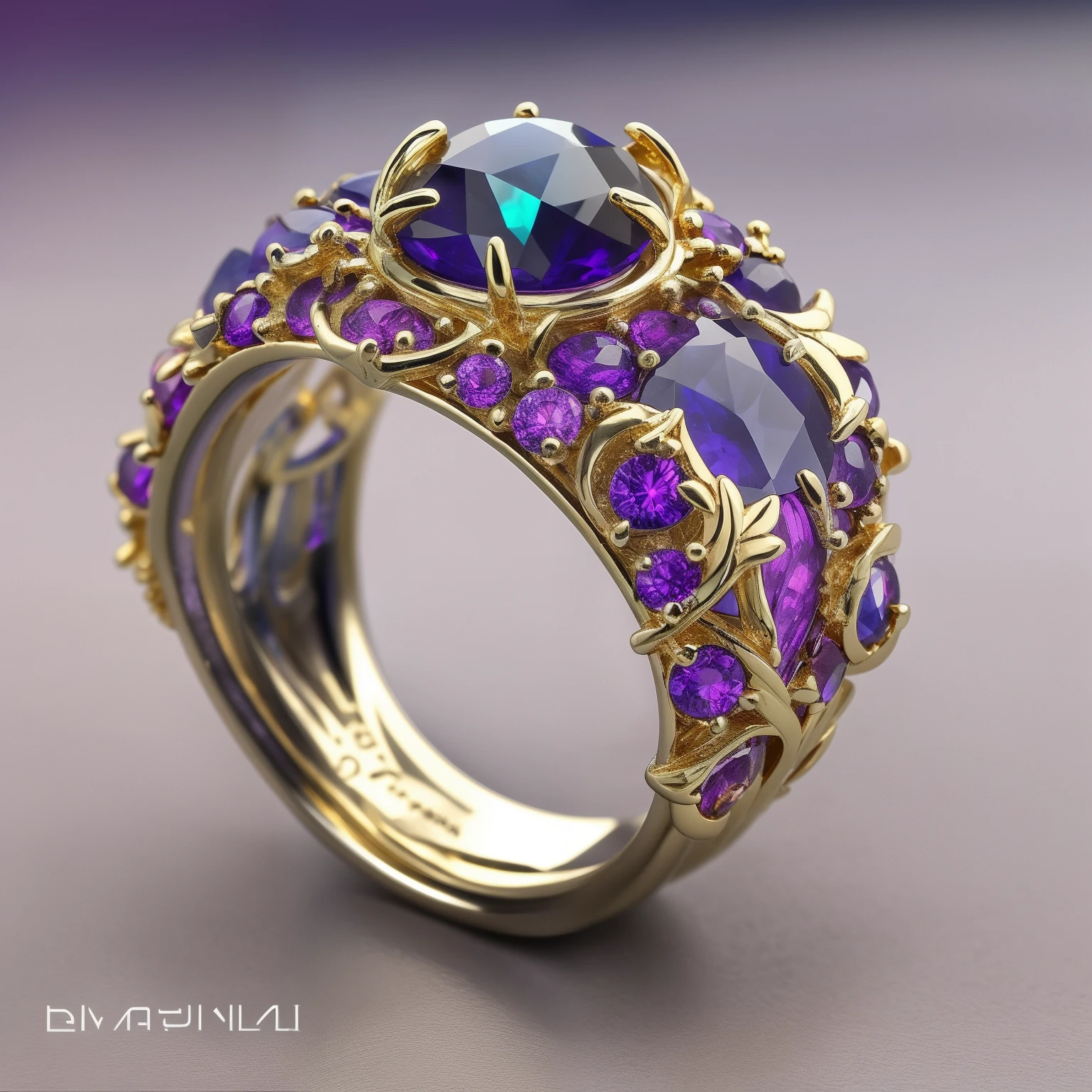 Masterpiece，highest  quality，(Nothing but the ring)，Beautiful ring, Ultra detailed，(No Man),Phoenix ring setting，starrysky，Wrapped around the end from beginning to end，Delicate gold ring，Starry sky in the ring,The sheen，inverted image，Sparkling blue-purple gemstones，Elegant and noble,simple backgound