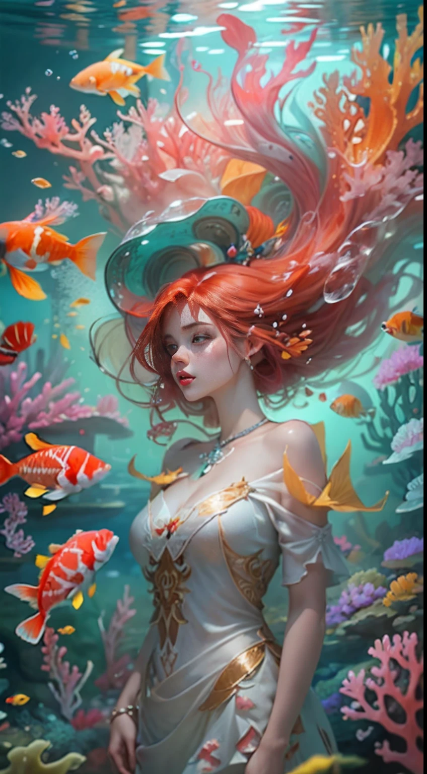 ModelShoot style, (Extremely detailed Cg Unity 8K wallpaper), A chaotic storm of intricate liquid smoke in the head, Stylized abstract portrait of beautiful sea queen with red hair, wetted skin,Koi,Beautiful koi,Flocks of koi,carp,Strange shaped corals,ocean floor,Beautiful coral reef in the background,Rochas,Marine life,colorful coral reef,Decorate with coral reefs,author:Petros Afshar, ross tran, tom whalen, Peter Mohrbacher, Art germ, Broken glass, ((bubbly underwater scenery)) Radiant light octane rendering is highly detailed, inspired by Yanjun Cheng, Beautiful digital artwork, Guviz-style artwork, 8K highly detailed digital art, Beautiful digital illustration, Cute detailed digital art, stunning digital illustration, A beautiful artwork illustration, Exquisite digital illustration,8K detailed digital art,