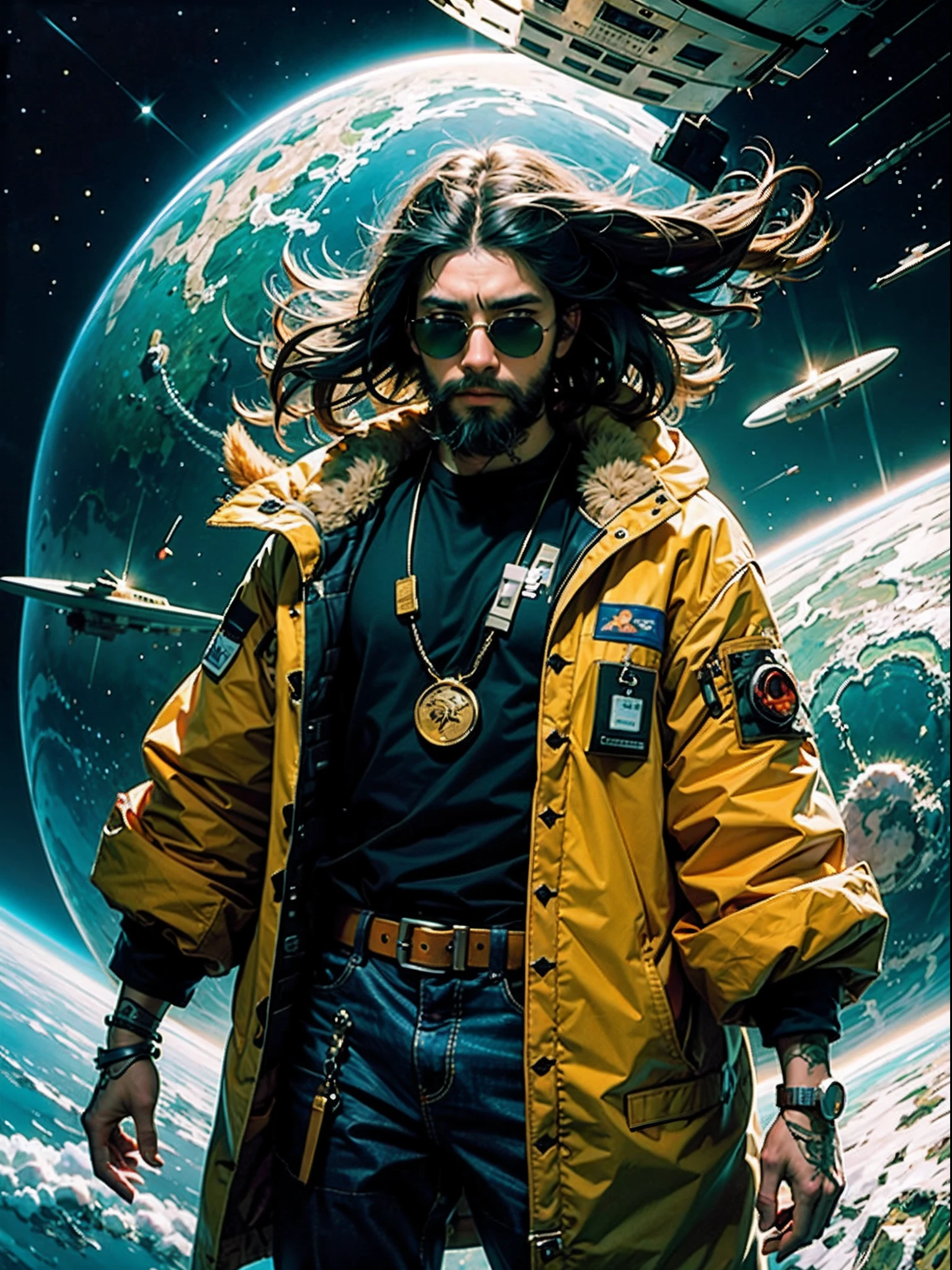 The highest image quality、Exceptional detail、超A high resolution、(真实感:1.4)、The best illustrations、Favor the details、One Man Highly Condensed、Wild and crude look、Beard in sunglasses、darkskinned。Space Treasure Hunter。