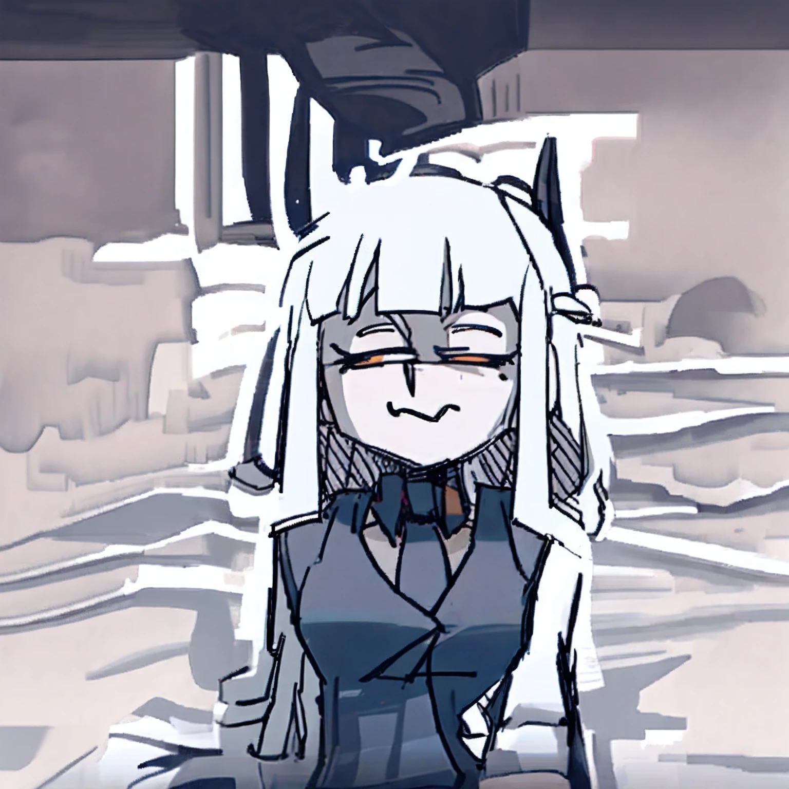 Dark gray medium long hair,Highlight the upturned hair on the right,Dark blue gradient orange pupils,Sleepy and hazy expression,Half-squinted,drools