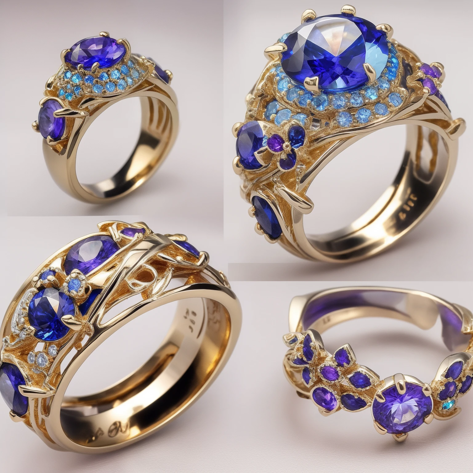 Masterpiece，highest  quality，(Nothing but the ring)，Beautiful ring, Ultra detailed，(No Man),Phoenix ring setting，starrysky，Wrapped around the end from beginning to end，Delicate gold ring，Starry sky in the ring,The sheen，inverted image，Sparkling blue-purple gemstones，Elegant and noble,simple backgound