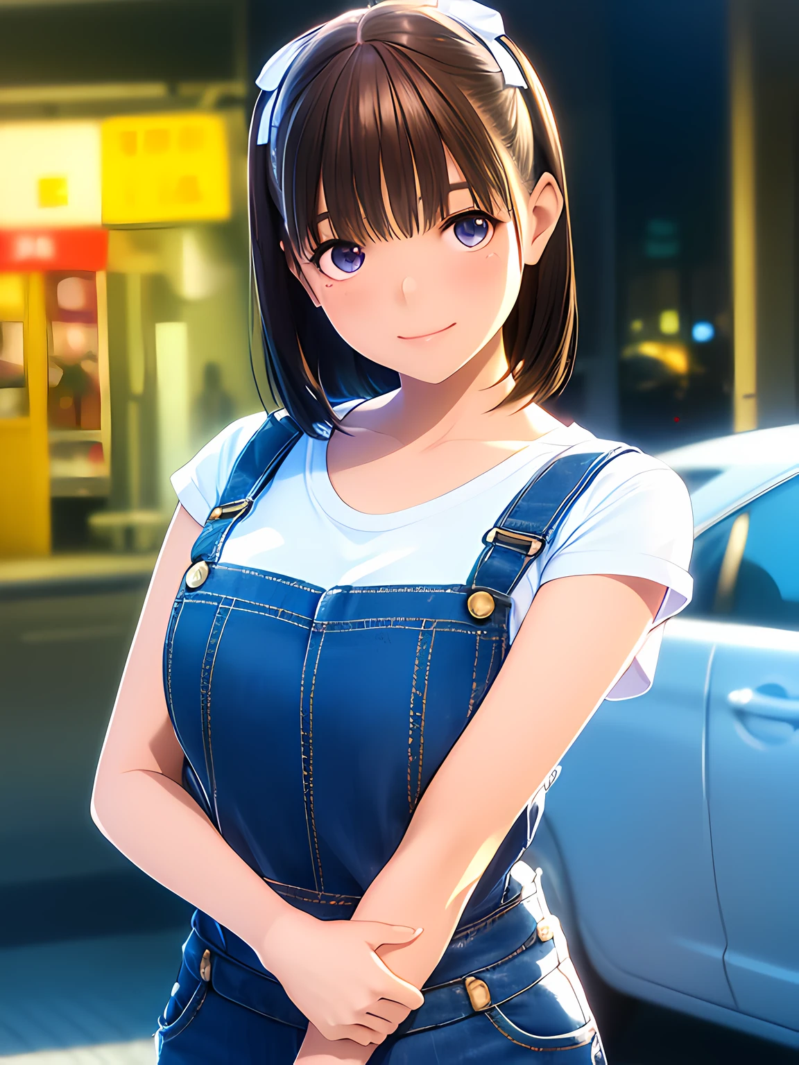 hight resolution,in 8K,Best Quality,detaileds,semi - realistic anime,Anime 3D Style,Smooth Anime CG,1 girl in,20 year old woman in Japan,slim,modeled,shiny chestnut hair,Medium Hair,Detailed face,Beautiful and detailed eyes,Glowing skin,randome pose,((Denim overalls)),((white t-shirts)),A smile,summer in city