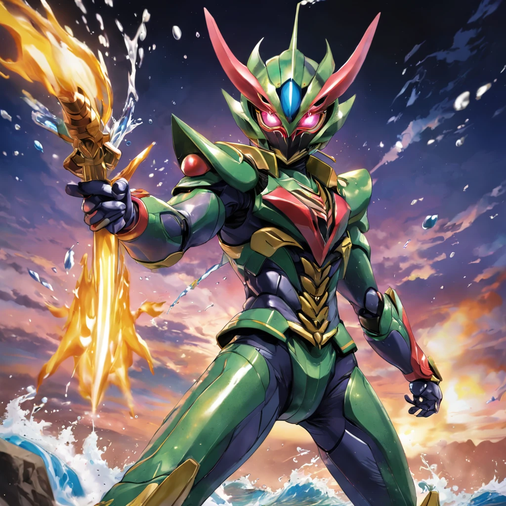 Kamen Rider,Locust elemental helmet,Marine elements,water gun,Yugioh artwork, top-quality, tmasterpiece, A high resolution, 8K
