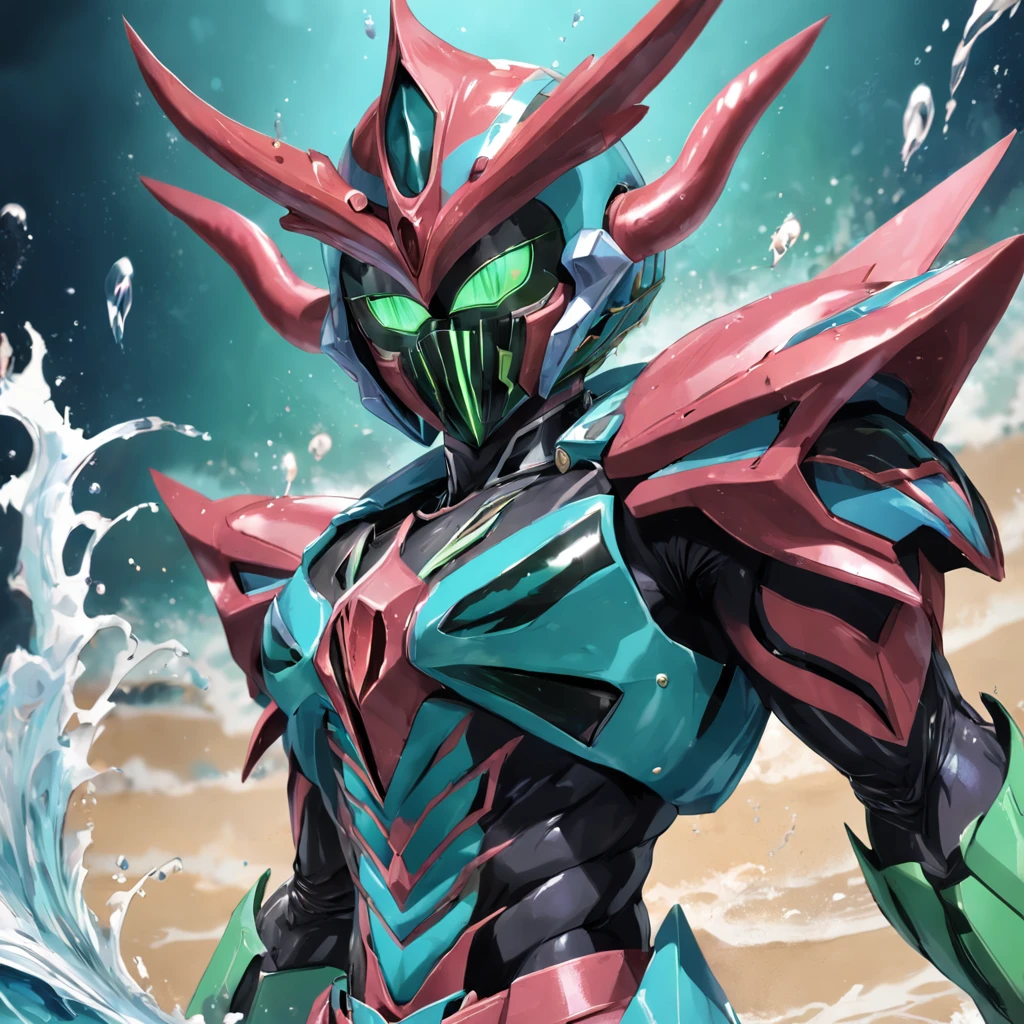 Kamen Rider,Locust elemental helmet,Marine elements,water gun,Yugioh artwork, top-quality, tmasterpiece, A high resolution, 8K