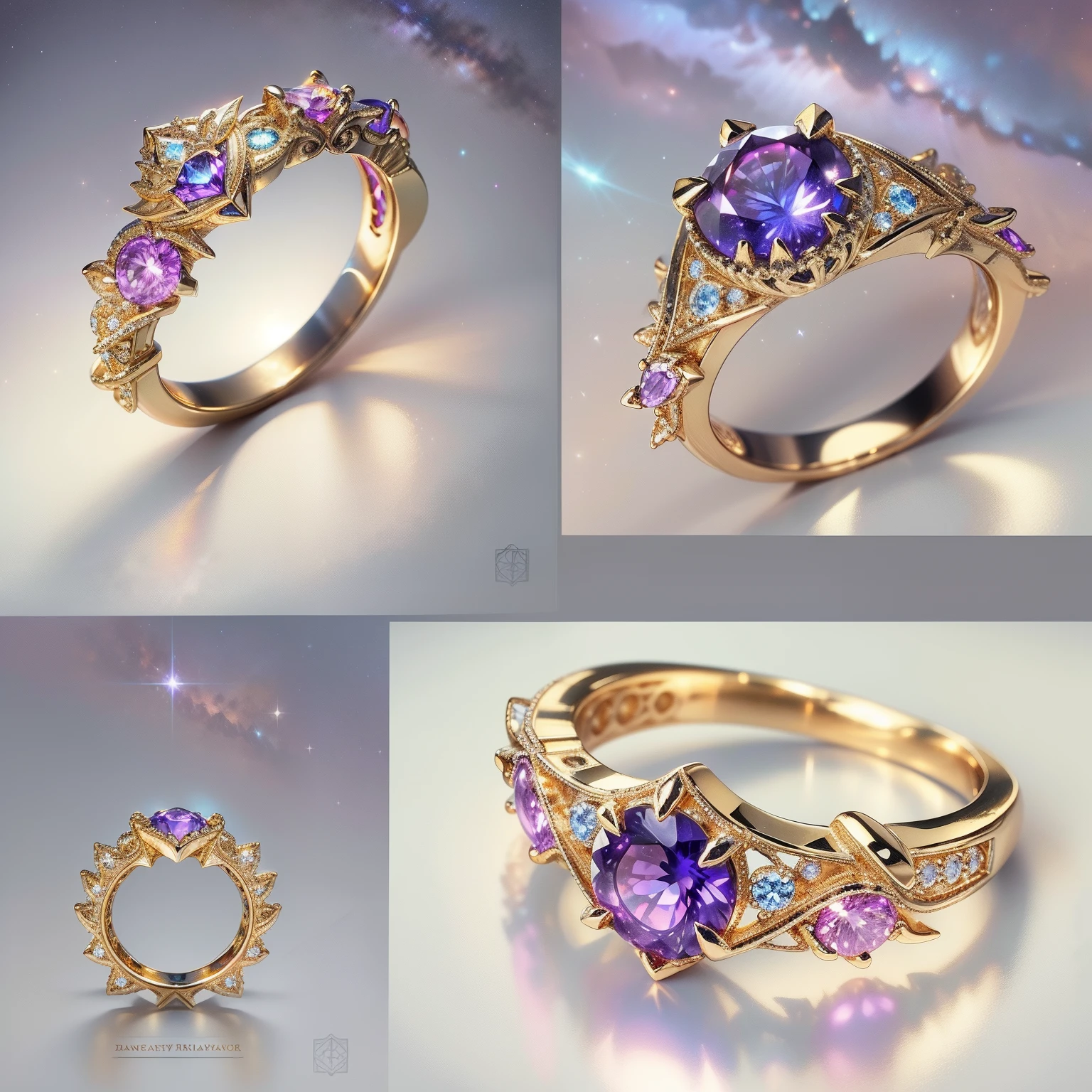 Masterpiece，highest  quality，(Nothing but the ring)，Beautiful ring, Ultra detailed，(No Man),Phoenix ring setting，starrysky，Wrapped around the end from beginning to end，Delicate gold ring，Starry sky in the ring,The sheen，inverted image，Sparkling blue-purple gemstones，Elegant and noble,simple backgound