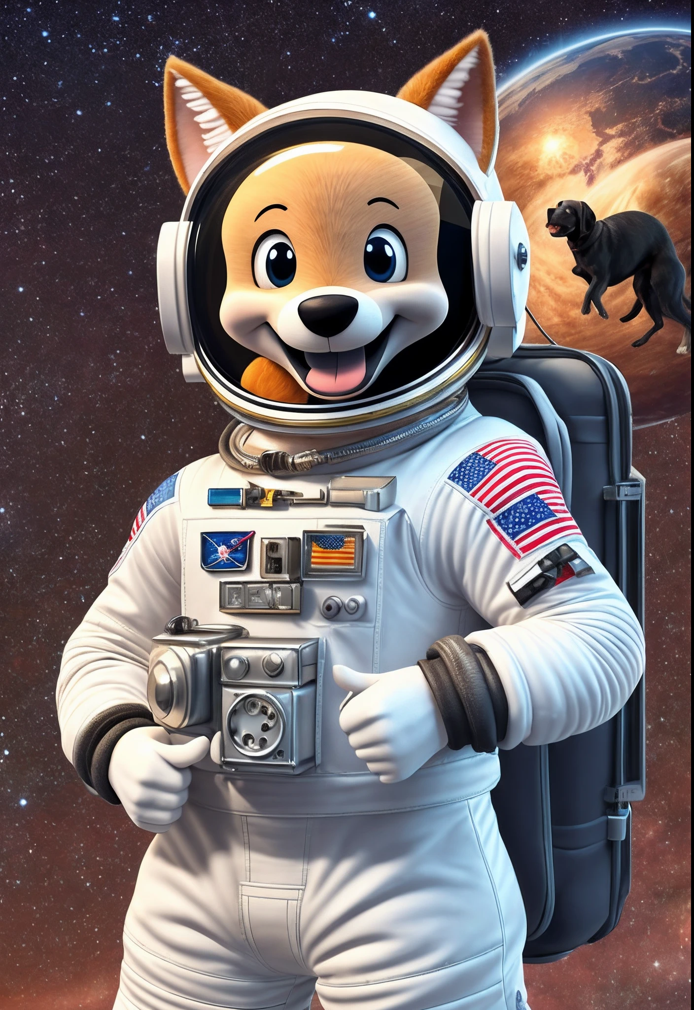 standing, smiling, winking, and giving a thumbs up, without helmet, with tail,cartoon 3d, standing, smiling, winking, and giving a thumbs up, with nothing on the head, with tail, shop character, dog with astronaut suit, full, detailed, smiling,detailed,big height, 8k --auto --s2