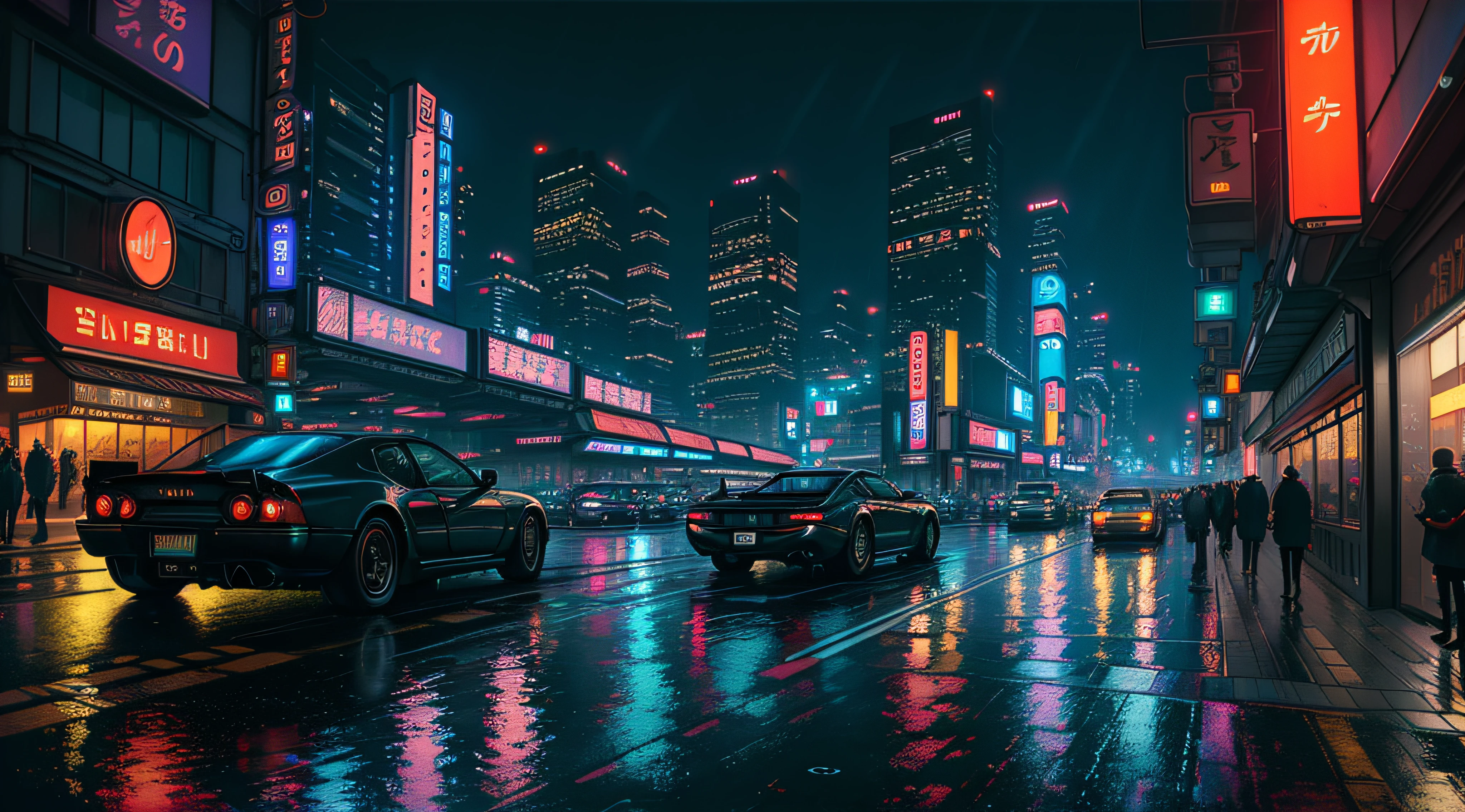 ((best quality)), ((masterpiece)), ((ultra realistic)), ((night time)), majestically detailed soft oil painting by jim lee, beautiful neon cyberpunk Tokyo, reflections, raining, crowded scifi city street, futuristic cars, night time, metallic, neon edge lighting, people, umbrellas, professional, skyscrapers, deep shadows, masterpiece, realistic, roughness, ultra realistic, photographed on a Canon EOS R5, 50mm lens, F/2.8, HDR, 8k resolution, highres, high detail, sharp focus, smooth, roughness, real life, photorealism, photography, 8k uhd,