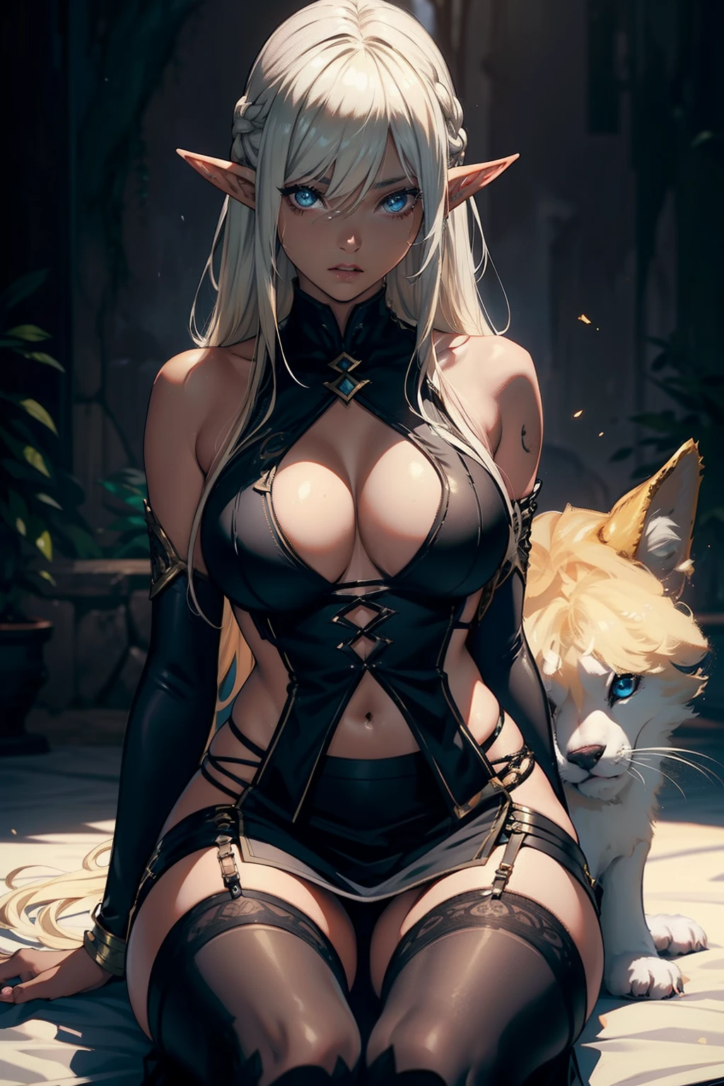 4D、Elven Woman,blacks,27yo,(8K picture quality、high-detail、masterpiece、ultra-definition)、Ray traching、a blond、a blond、white hair、long、((Black skin))、high-detail skin、(scarface),Slit skirt,a miniskirt,Doggie style,open one's legs