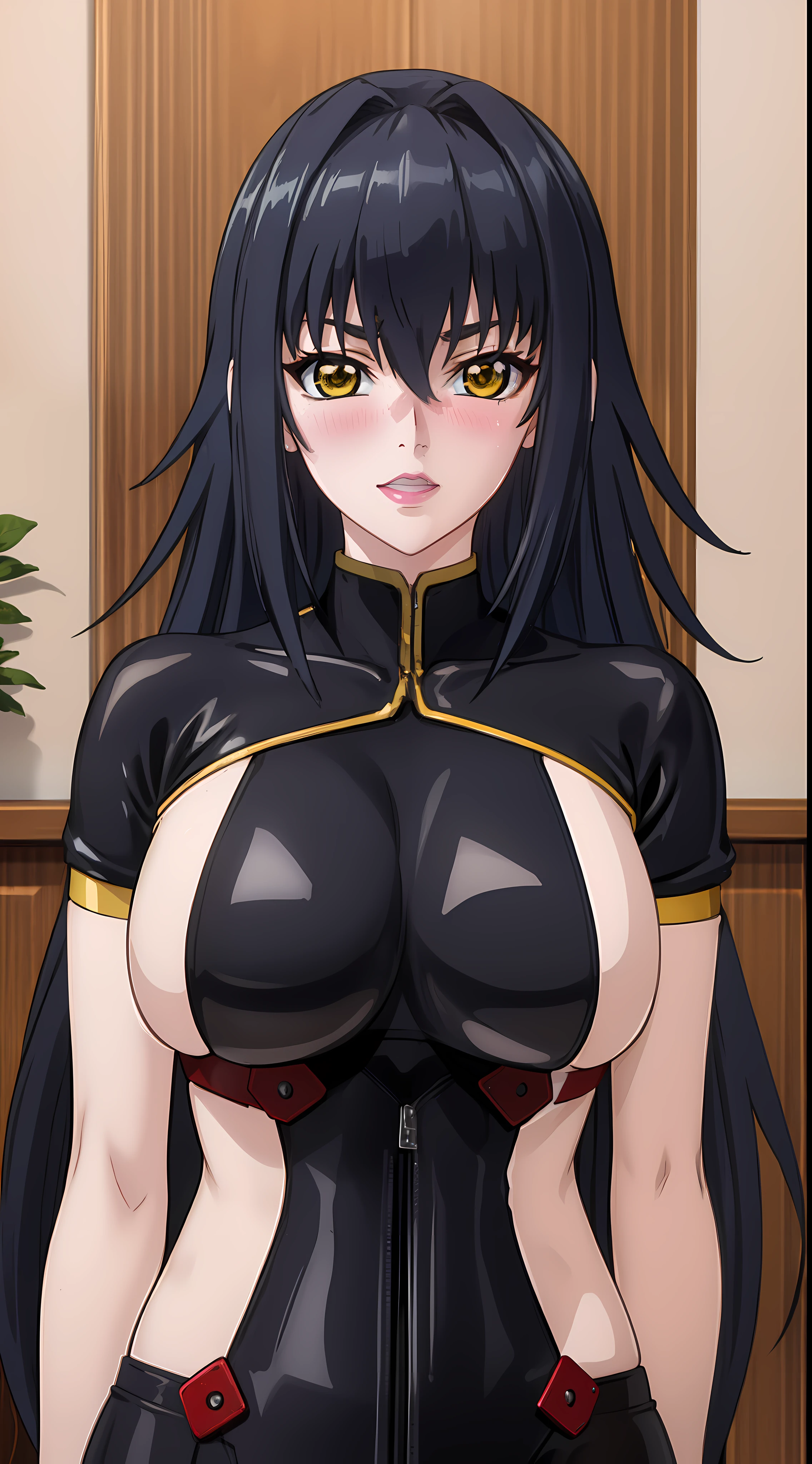 professional artwork, Intricate Details, field of view, sharp focus, detailed painting, photorealistic lighting, trending on pixiv, Standing at attention, black outfit ,yellow collared shirt,black and red bodysuit,skin_tight,black legwear, black pantyhose, Side_boob, black hair,very long hair, Bangs,yellow eyes,makeup, lipstick, 20yo,mature female,Beautiful Finger,Beautiful long legs,Beautiful body,Beautiful Nose,Beautiful character design, perfect eyes detail, perfect face, looking at viewer, NSFW,official art,extremely detailed CG unity 8k wallpaper, perfect lighting,Colorful, Bright_Front_face_Lighting, (masterpiece:1.0),(best_quality:1.0), ultra high res,ultra-detailed, hyperdetailed, photography, 8K, HDR, highres, absurdres:1.2, Kodak portra 400, film grain, blurry background, bokeh:1.2, lens flare, (vibrant_color:1.2) (Beautiful,large_Breasts:1.4), (beautiful_face:1.5),(narrow_waist), (solo:1.4), ((upper body, half body shot:1.4)), annerose:1, classroom, (blushing, shy, pretty, tsundere:1), looking at viewer,