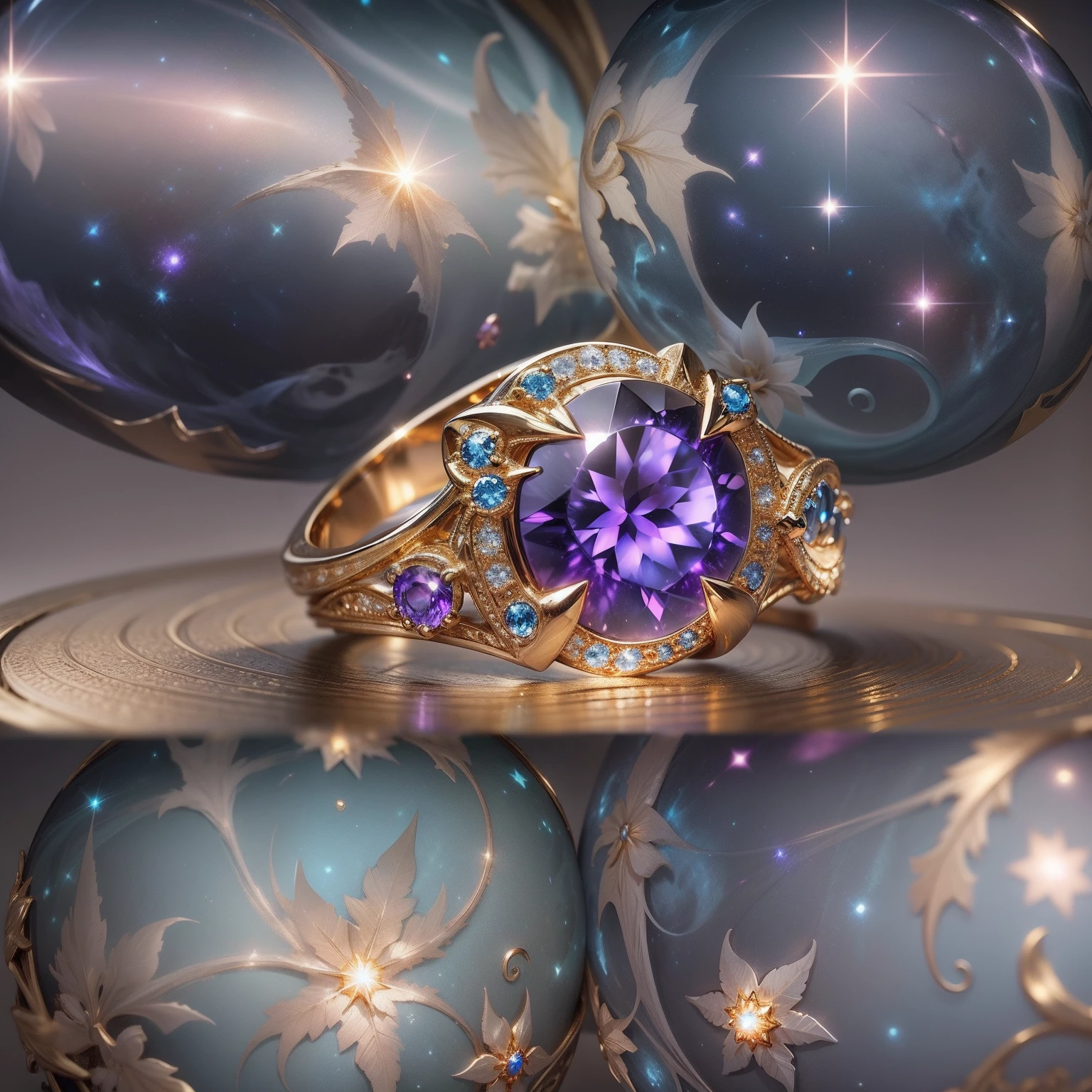 Masterpiece，highest  quality，(Nothing but the ring)，Beautiful ring, Ultra detailed，(No Man),Phoenix ring setting，starrysky，Wrapped around the end from beginning to end，Delicate gold ring，Starry sky in the ring,The sheen，inverted image，Sparkling blue-purple gemstones，Elegant and noble,simple backgound