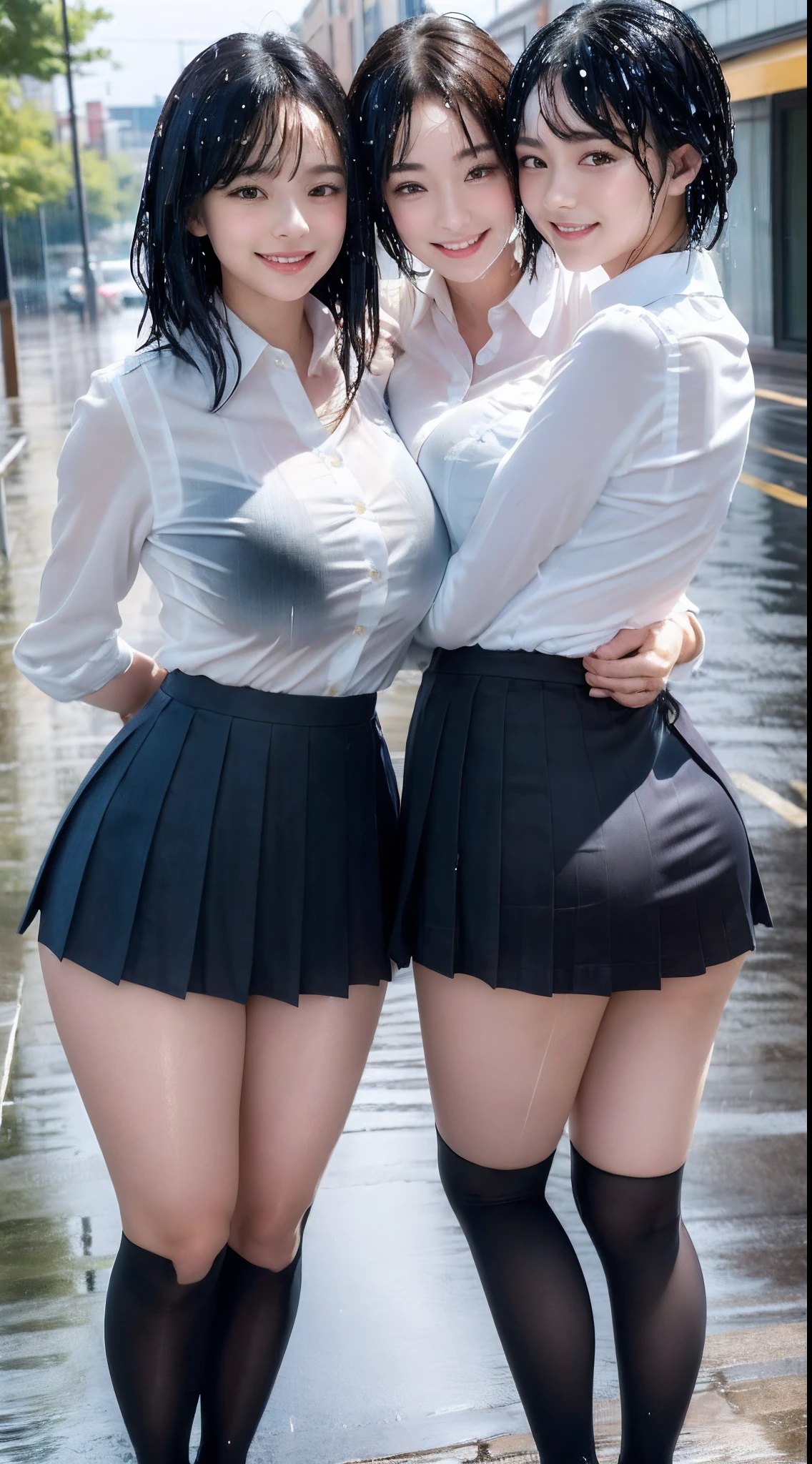 (8K, 超A high resolution, Best Quality, masutepiece:1.2),(18year old:1.2)、(Look away)、8K、RAW portrait of japanese girl、Photorealsitic、超A high resolution、top-quality、 (huge-breasted、Close all buttons on the shirt:1.4)(student clothes、Pure White Cutter Shirt、Check Pleated Mini Skirt:1.35)、(in a street:1.2) BREAK (Natural Skin Texture、Detailed skin、Hyper-Realism、ultra sharpness)、intricate detailes、depth of fields(Put a white shirt inside the skirt:1.3)、Show the armpits、Red Plaid Pleated Micro Mini Skirt(Black hair long straight、Shiny legs、Black loafers、Black stockings:1.3)(Female duo、Two women hugging each other、Two women touching each other's buttocks:1.4)(rainy day、rain is falling、Rain-drenched body:1.4)