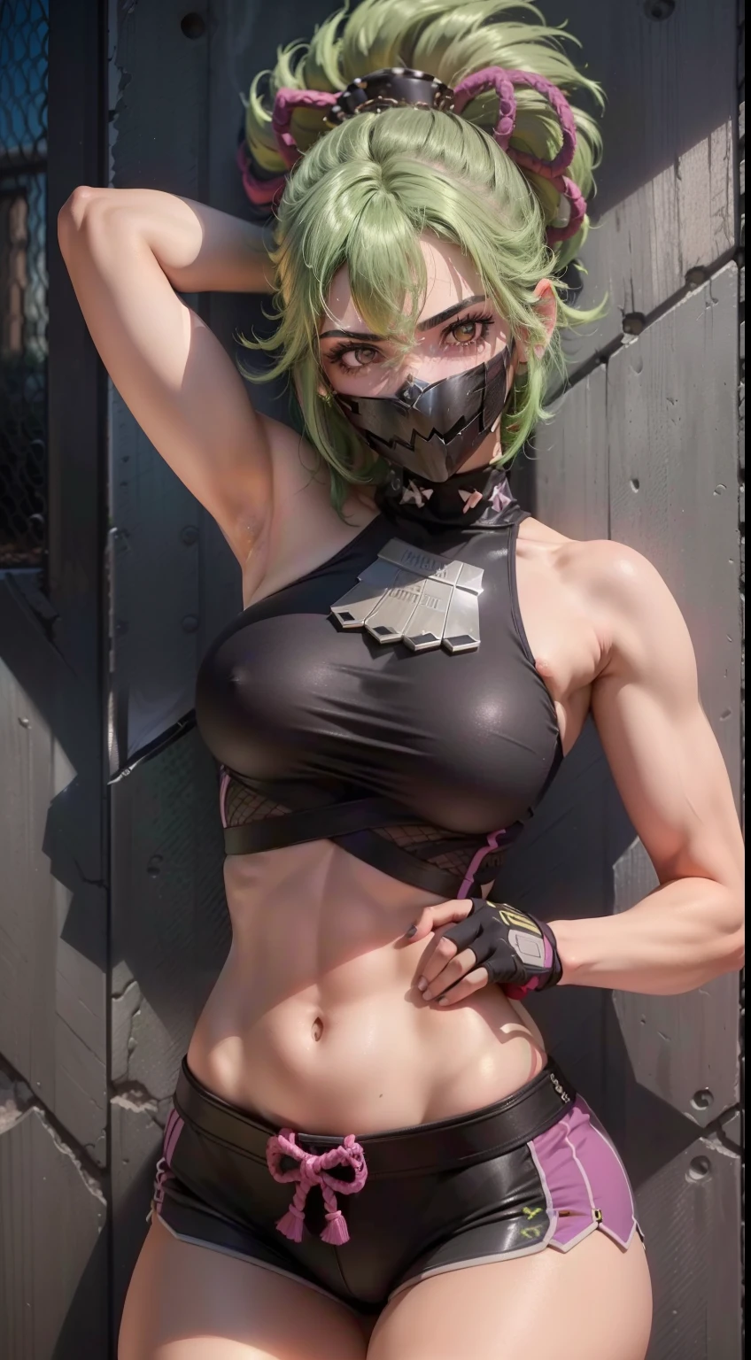 1 garota, ((20 anos)), ((pretty woman)), ((cabelo verde)), ((cabelo curto)), ((tied hair)), ((black mask)), ((wearing tight short)), ((wearing tight top)), ((pink eyes)), ((detailed abdomen)), ((athletic body woman)), ((dynamic pose)), #Explanation:  Uma garota bonita com cabelo verde curto amarrado, ela usa top e shorts apertados.