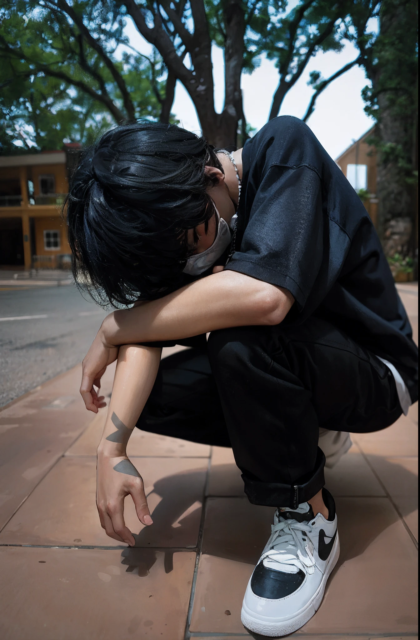 there is a man kneeling down with his hand on his knee, the anime girl is crouching, depressed sad expression, sitting on the ground, portrait of depressed teen, with a sad expression, man sitting facing away, hugging his knees, taken with canon eos 5 d, taken with sony alpha 9, distorted pose, captured on canon eos r 6