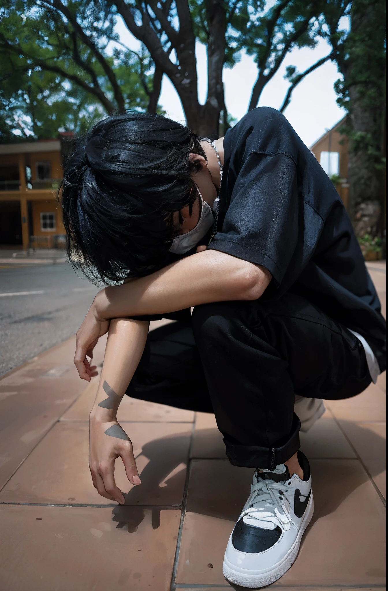 there is a man kneeling down with his hand on his knee, the anime girl is crouching, depressed sad expression, sitting on the ground, portrait of depressed teen, with a sad expression, man sitting facing away, hugging his knees, taken with canon eos 5 d, taken with sony alpha 9, distorted pose, captured on canon eos r 6