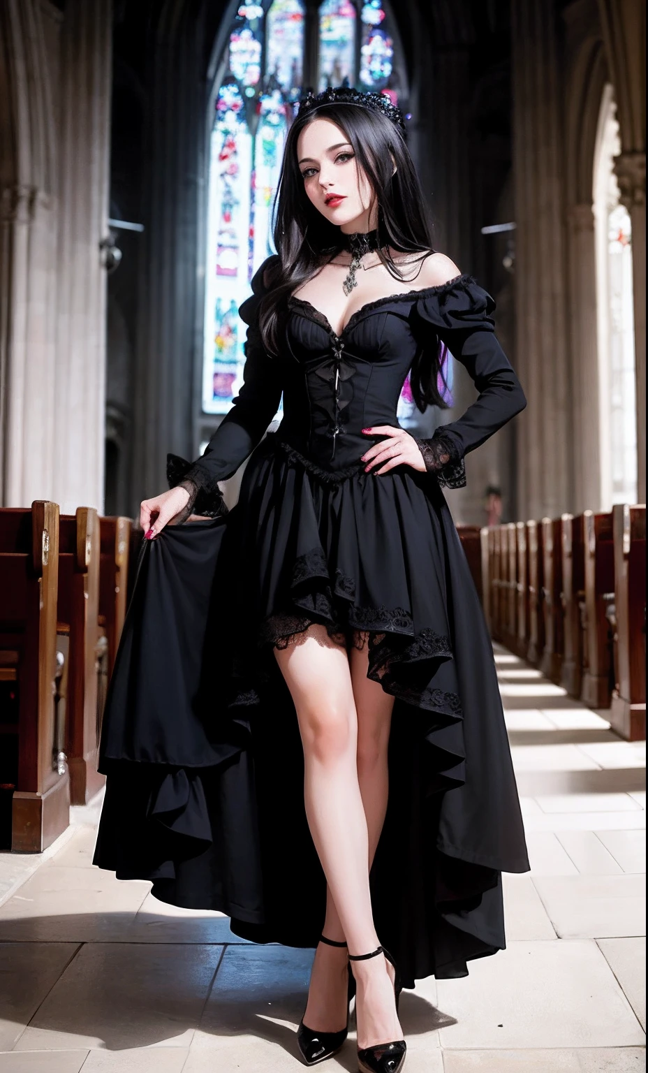 petite seductive, weibliche frau 27 Jahre alt, schwarze lange haare, rote lippen, im gothic style geschminkt, schwarzes durchsichtiges nigliche, schwarze highheels, schmales Halsband, in der Kirche