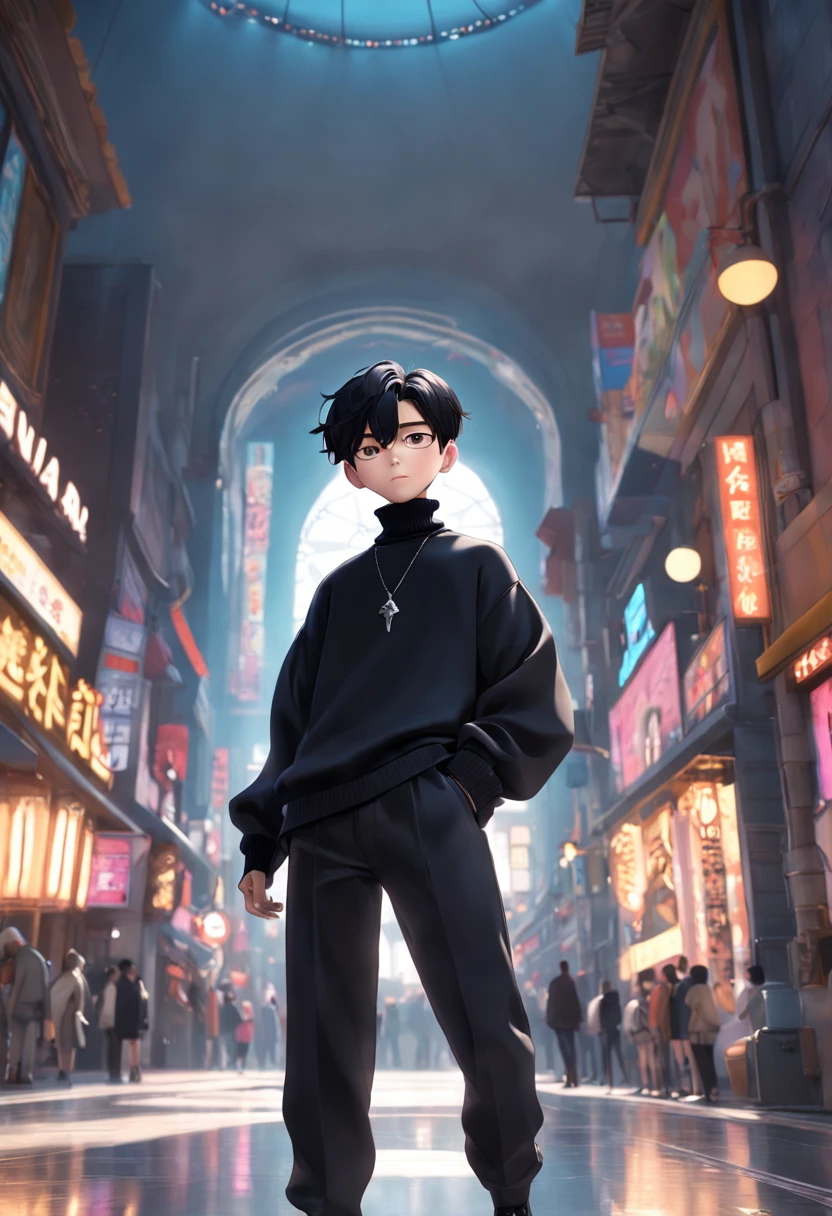 3D Pixar style whole body Kpop boy model with piercing wearing a black turtle neck outfit, luxurious life