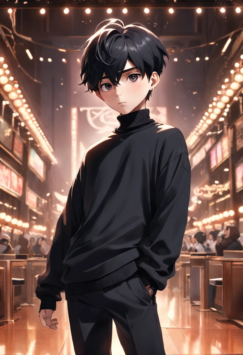 3D Pixar style whole body Kpop boy model with piercing wearing a black turtle neck outfit, luxurious life