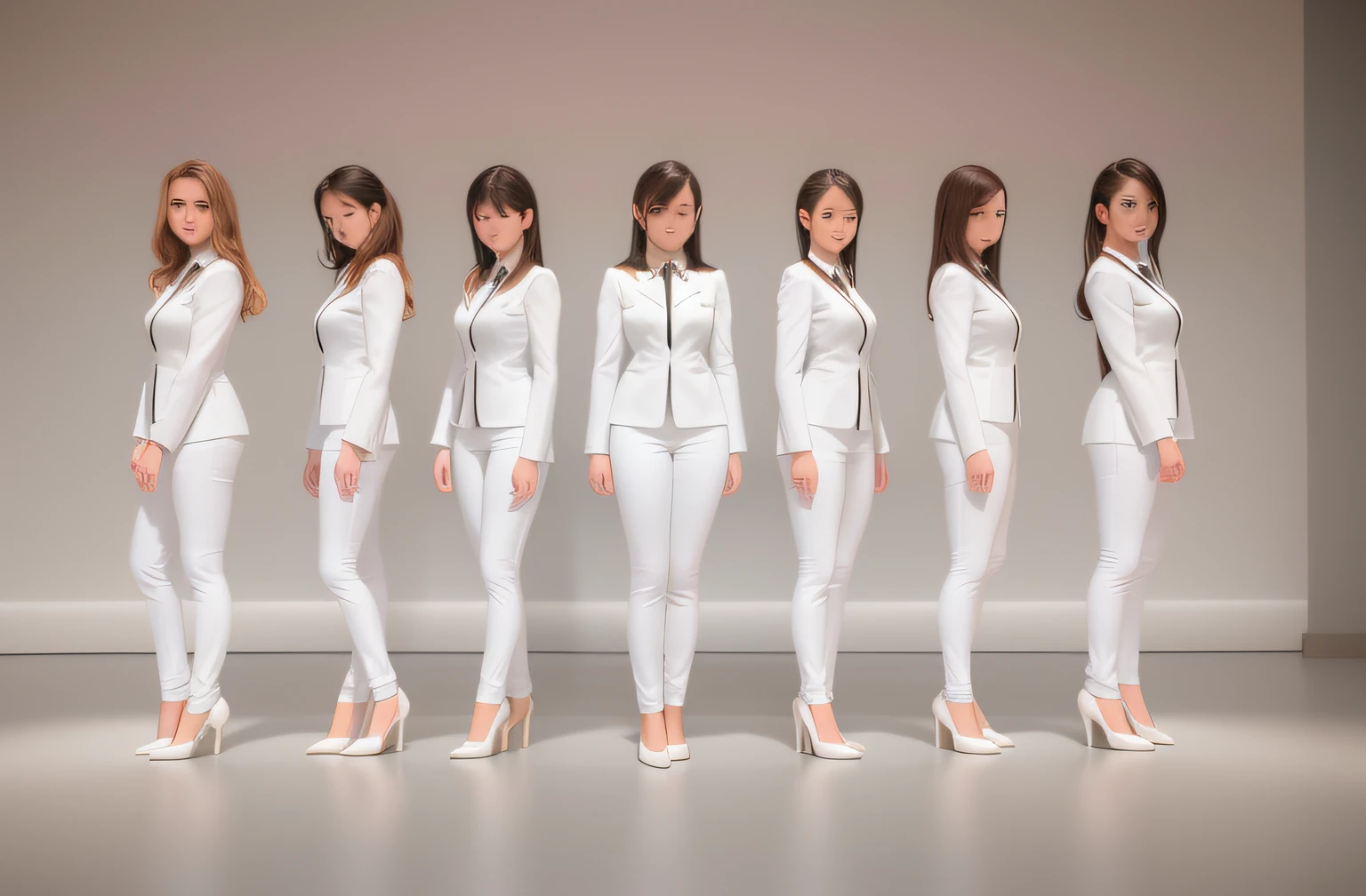 A woman in a white suit and high heels poses for a photo of Alates, wearing white clothes, 3 d white shiny thick, a-pose, wearing white clothes, standing elegant pose, female human body whole body, rendering of beauty pageant, 3 D rendering character art 8 K, smooth white tight clothes suit, Full body portrait of a set, White clothes, full body shot of