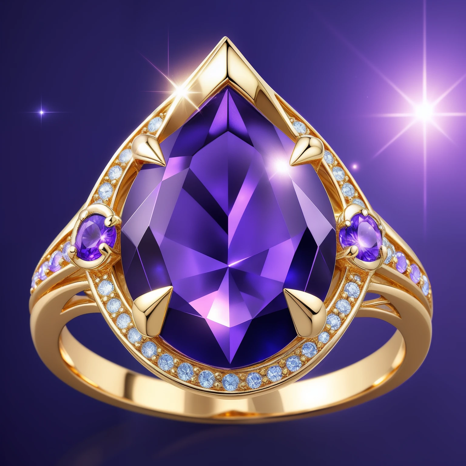 Masterpiece，highest  quality，(Nothing but the ring)，Beautiful ring, Ultra detailed，(No Man),Phoenix ring setting，starrysky，Wrapped around the end from beginning to end，Delicate gold ring，Starry sky in the ring,The sheen，inverted image，Sparkling blue-purple gemstones，Elegant and noble,simple backgound