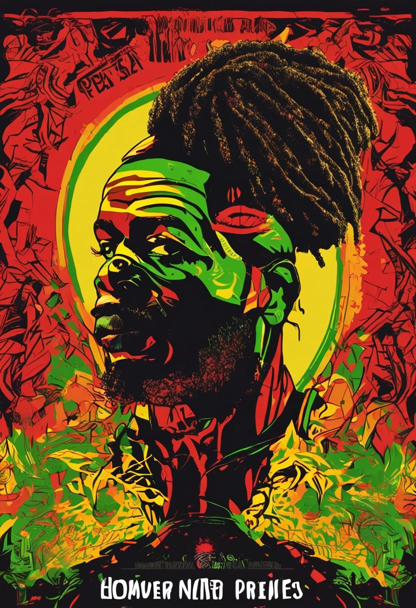 Create a logo with the head of a black man with dreadlocks in black colors, verde, amarelo e vermelho (olhando para a frente) , imagem estilo logomarca , Sober, (fundo preto), Image with resolution of at least 300dpi, UHD 8k, Very high quality for excellent printing. Lighting that highlights the figure in relation to the background, cores do reggae,