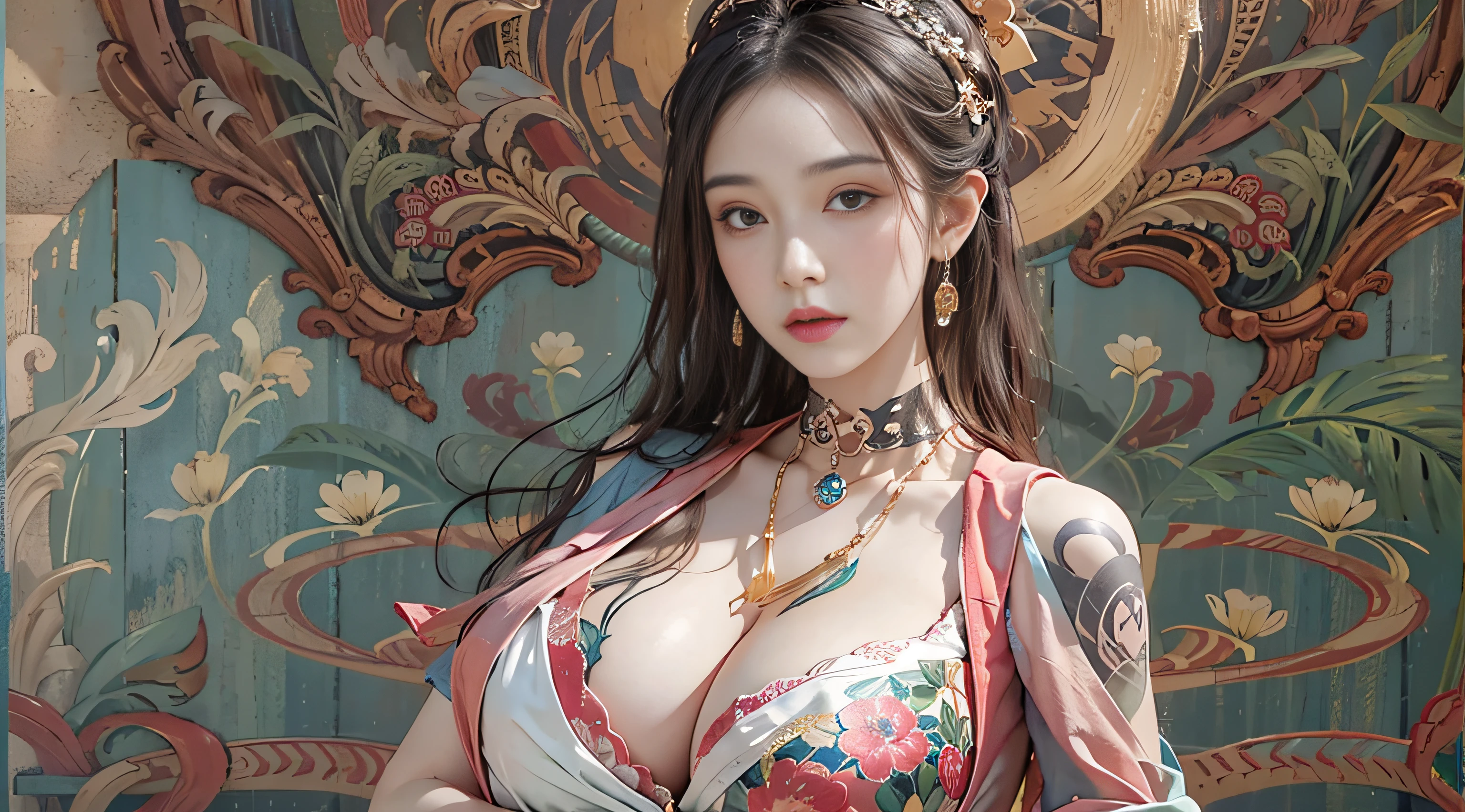 Photorealistic, high resolution, 1womanl, gigantic cleavage breasts,cleavage,tit,Solo, Hips up, view the viewer, (Detailed face), dunhuang_dress, jewelry, tattoo