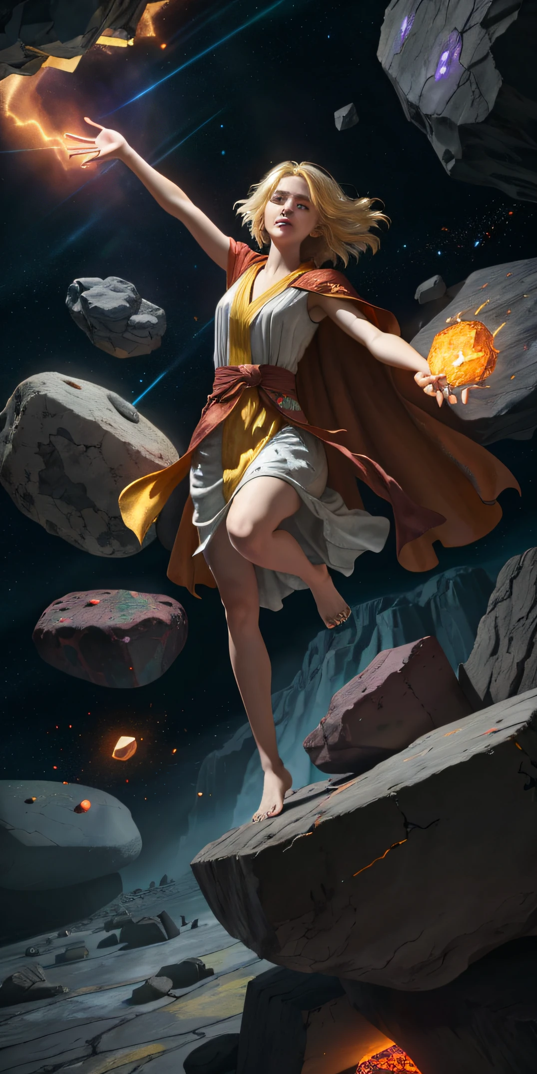 female barefoot summoner levitating with blonde hair robes and cape arms lifted up over a broken earth bright lava light from below asteroid field (jagged rocks boulders and debris shooting into the air:1.3) (windy dust debris storm:1.1) volumetric fog mist ray tracing z pass bright light from below, (masterpiece) (best quality) (detailed) (8k) (cinematic lighting) (sharp focus) (intricate)
