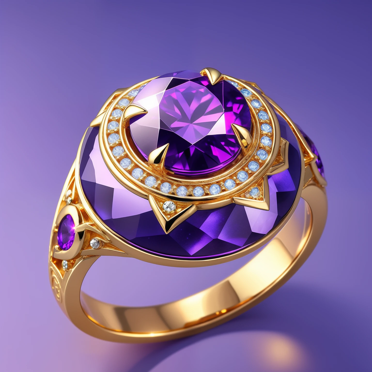 Masterpiece，highest  quality，(Nothing but the ring)，Beautiful ring, Ultra detailed，(No Man),Phoenix ring setting，starrysky，Wrapped around the end from beginning to end，Delicate gold ring，Starry sky in the ring,The sheen，inverted image，Sparkling blue-purple gemstones，Elegant and noble,simple backgound