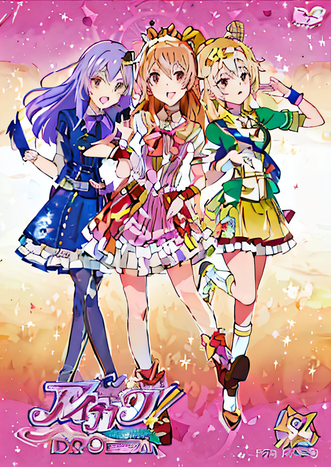 Close-up of three anime characters in dresses and ties, my dress up darling anime, offcial art, promotional art, The Idolmaster, Official illustration, colorful uniforms, Orchestra elements，magical girl anime mahou shojo, Official artwork, the wallpaper!, in ryuuou no oshigoto art style, seasons!! : 🌸 ☀ 🍂 ❄, magic school uniform