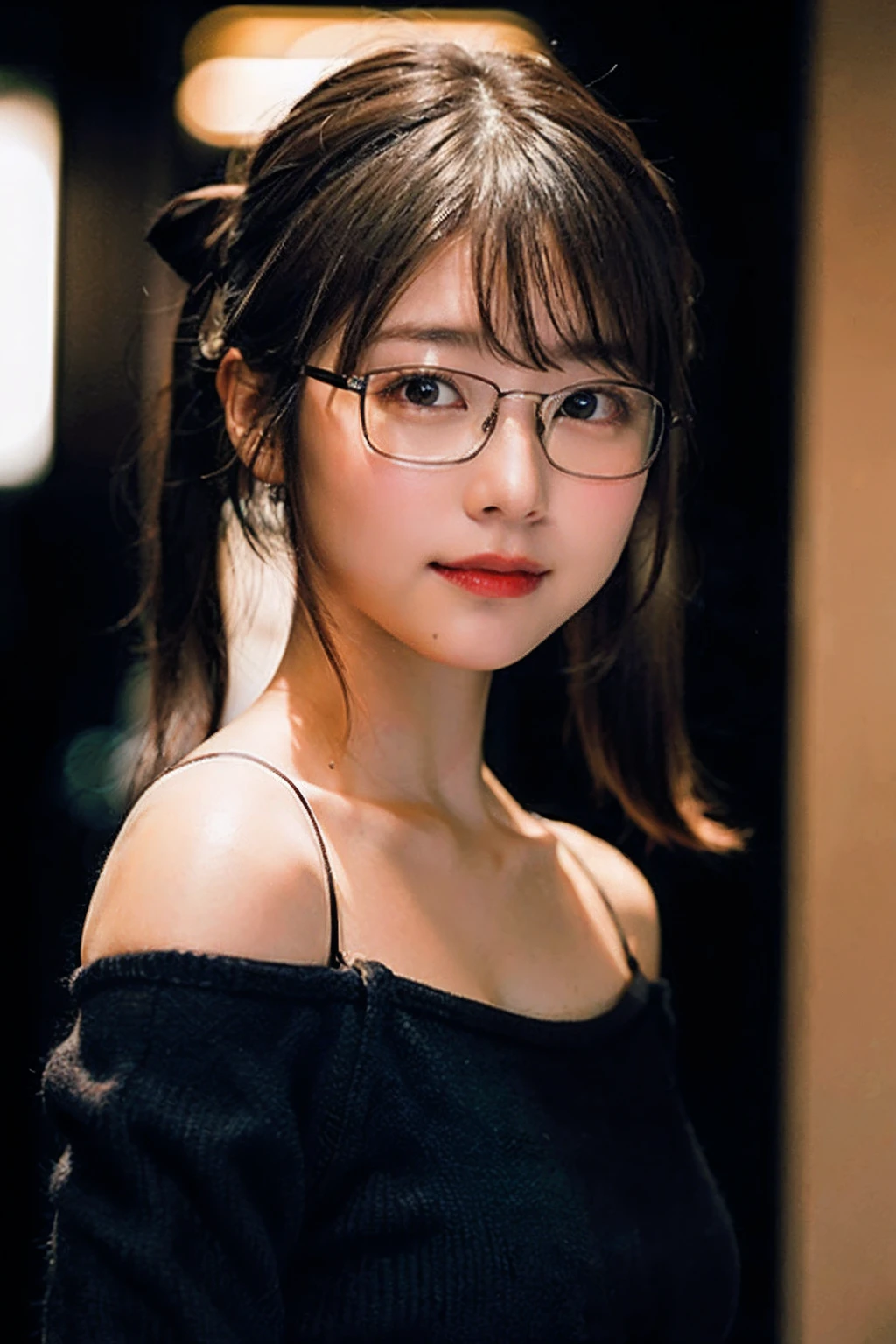 (8K、Raw photography、top-quality、​masterpiece:1.2)、(realisitic、Photorealsitic:1.37)、ultra-detailliert、超A high resolution、女の子1人、see the beholder、beautifull detailed face、A smile、Constriction、(Slim waist) :1.3)、Black summer clothes、Beautiful detailed skin、Skin Texture、Floating hair、((poneyTail))、Professional Lighting、Downtown、((Black square glasses )) 、Whole human body、Brown hair