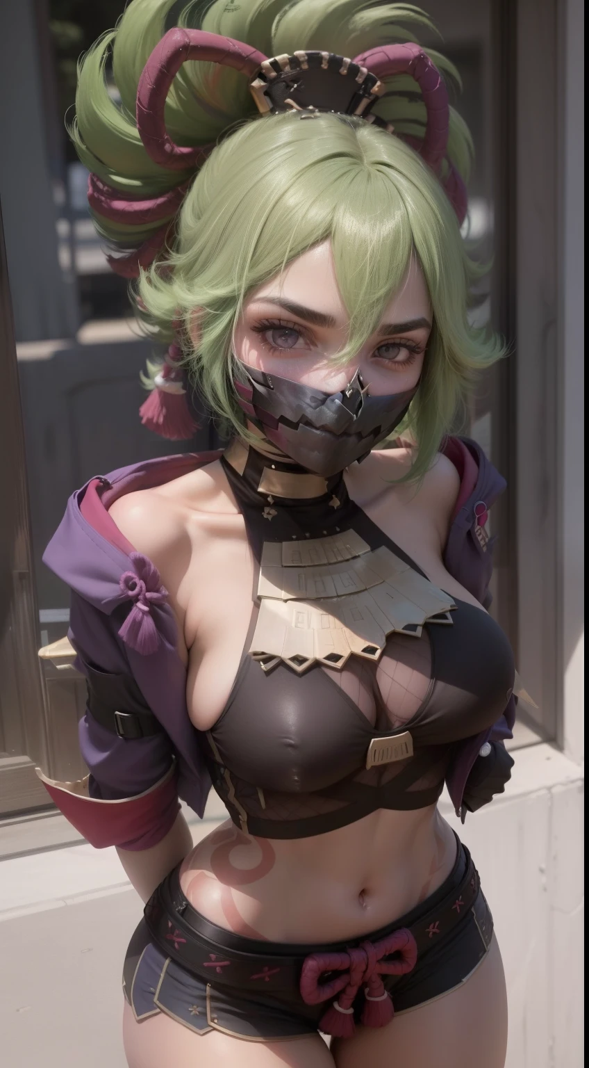 1 garota, ((20 anos)), ((mulher bonita)), ((cabelo verde)), ((cabelo curto)), ((cabelo amarrado)), ((black mask)), ((vestindo short apertado)), ((usando top apertado)), ((olhos cor-de-rosa)), ((abdome detalhado)), ((Athletic Body Woman)), ((dynamic pose)), #Explanation: Uma garota bonita com cabelo verde curto amarrado, ela usa top e shorts apertados.