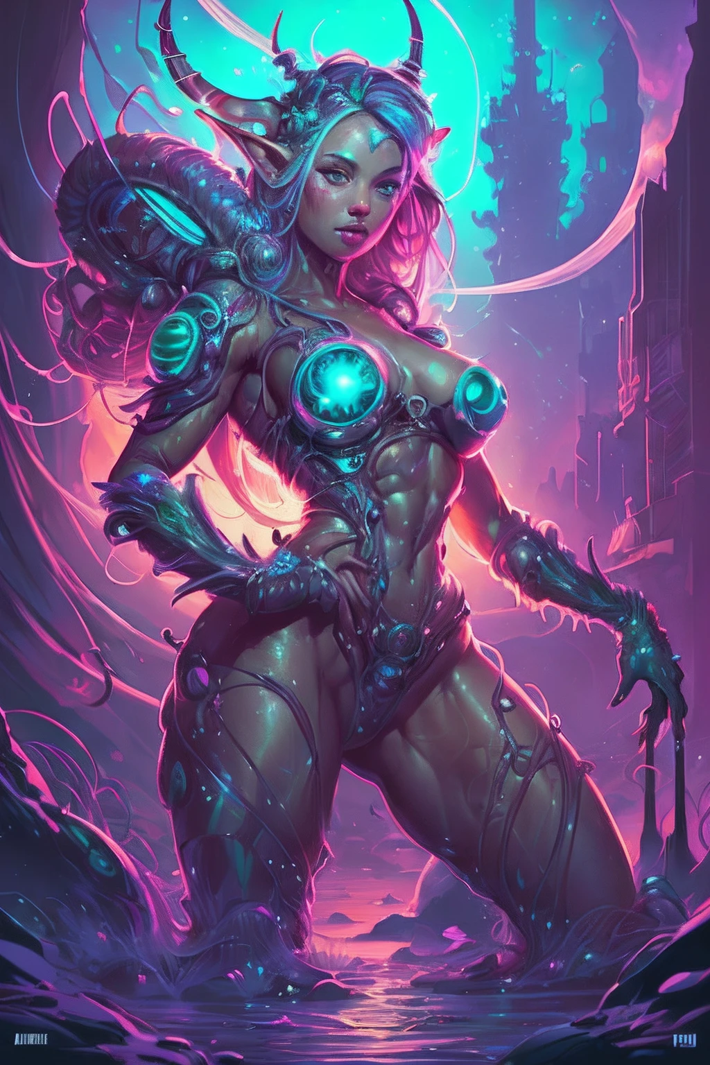 Amazing anatomy, (beautiful female Elf Biopunk), cowboy shot, ((dynamic pose)), biopunk city background, (slimy, organic, glistening, bioluminescence), (64k ultra hd:1.1), (art by apterus, art by dan mumford, art by lovecraft:1.2), best quality, cgsociety, trending on ArtStation.