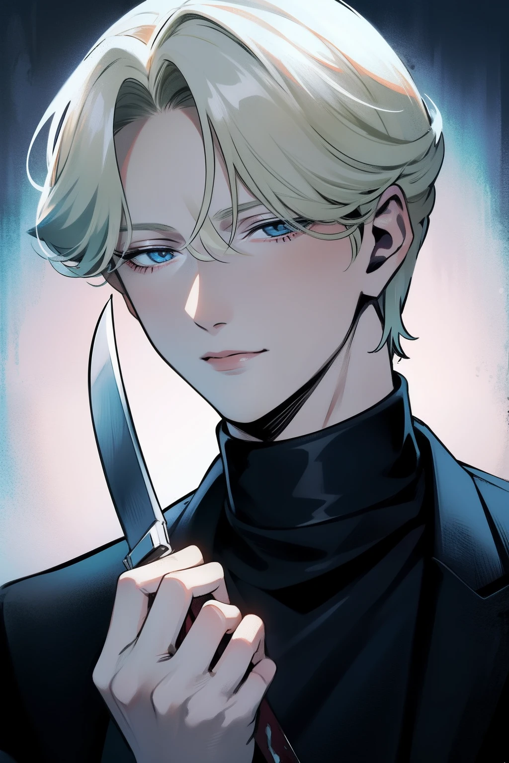 johan liebert, solo boy, knife on hand, wearing black sweather, knife on hand with blood, bloody face, blood on hands, gore, bloody, blood dripping, abuse, angst, manipulator,