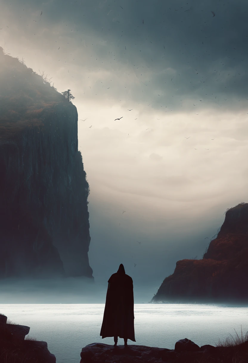 A mysterious figure shrouded in shadows, standing atop a rugged cliff overlooking a vast, misty sea. (Symbol: cloak, style: atmospheric)
