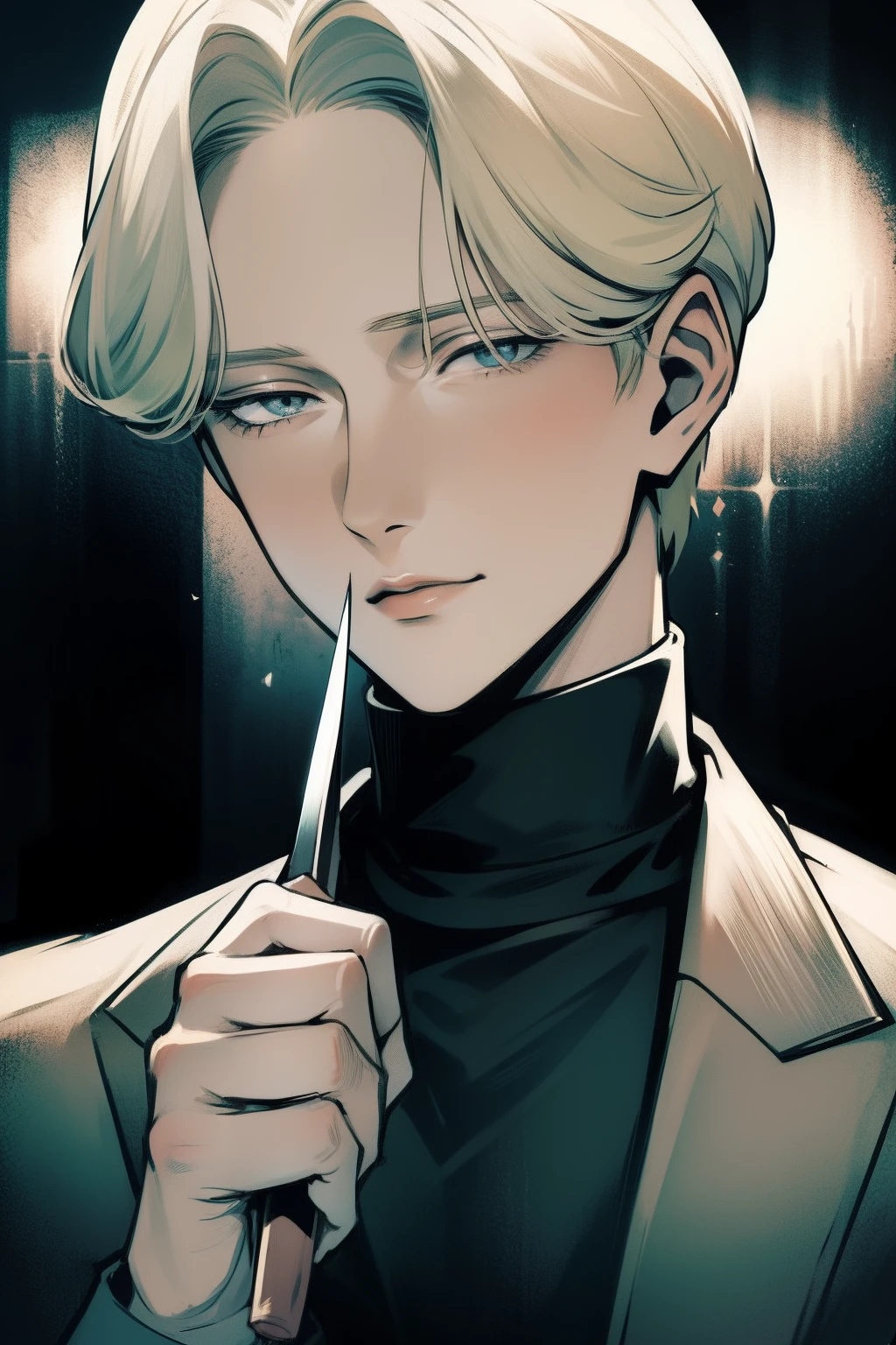 johan liebert, solo boy, knife on hand, wearing black sweather, knife on hand with blood, bloody face, blood on hands, gore, bloody, blood dripping, abuse, angst, manipulator,