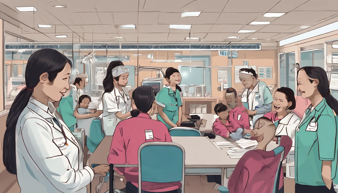 a picture、Within 1 meter range、Nursing homes、doctor、Rehabilitation Staff、Rehab staff wearing jerseys、during daytime、nurse、Bright workplace、Serious people、a smile、supportive、faithful、Staff gather and chat、Ultra-realistic、Super Real、Frontline of welfare and medical care、You can understand facial expressions well、