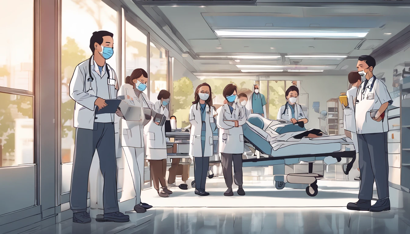 a picture、Within 1 meter range、Nursing homes、doctor、Rehabilitation Staff、Rehab staff wearing jerseys、during daytime、nurse、Bright workplace、Serious people、a smile、supportive、faithful、Staff gather and chat、Ultra-realistic、Super Real、Frontline of welfare and medical care、You can understand facial expressions well、