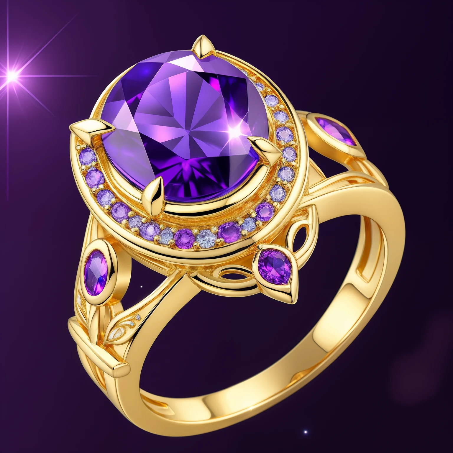 Masterpiece，highest  quality，(Nothing but the ring)，(No Man),Phoenix ring setting，starrysky，Wrapped around the end from beginning to end，Delicate gold ring，Starry sky in the ring,The sheen，inverted image，Sparkling blue-purple gemstones，Elegant and noble,simple backgound