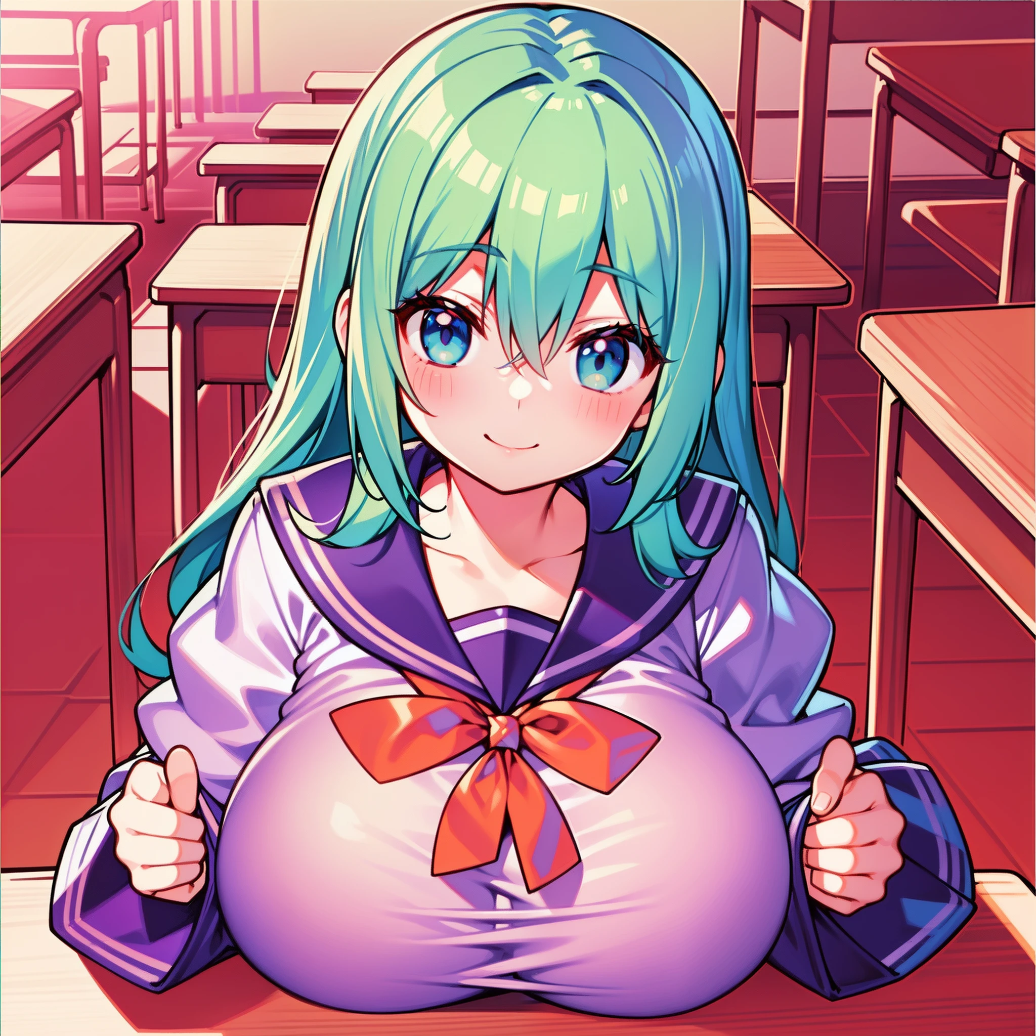 High School girl、Sailor suit、Loli face、((master piece、top-quality、ultra-definition、high resolution))、anime girl、((ultra-detailed illust:1.2))、1girl、bangs、hair between eye、green colored hair、beautiful hair、blue eyes、Beautiful eyes、big breasts、Big smile、breast on table、sunset