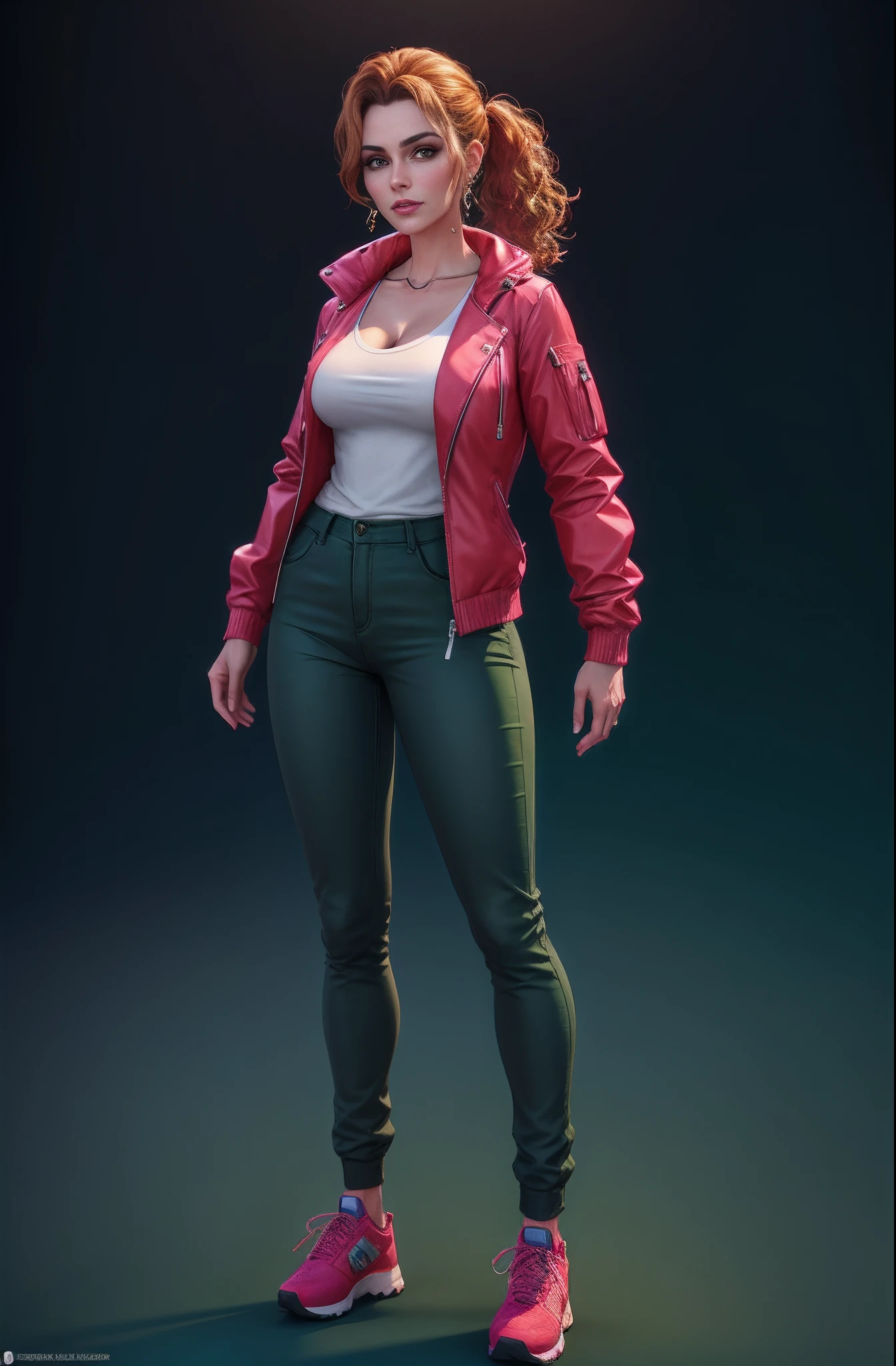 Woman wearing green jacket and pants, standing, posing for photo, 3d render arte do caractere 8 k, retrato de personagem de corpo inteiro, Retrato de corpo inteiro do personagem, retrato de personagem de corpo inteiro, full body render, personagem feminino, arte do personagem feminino humano