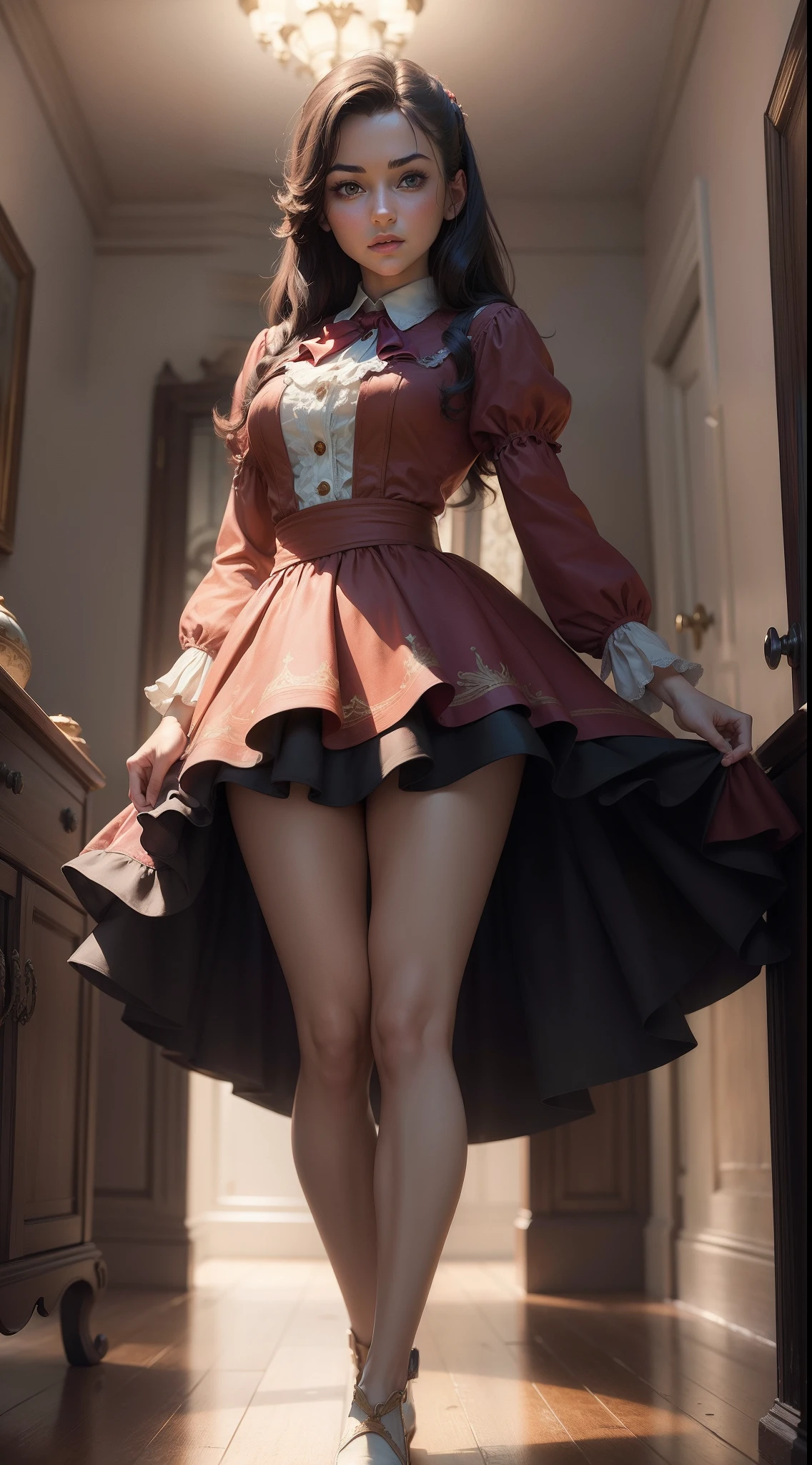 (((masterpiece, best quality)))), Disney female character standing with spread legs, low camera angle