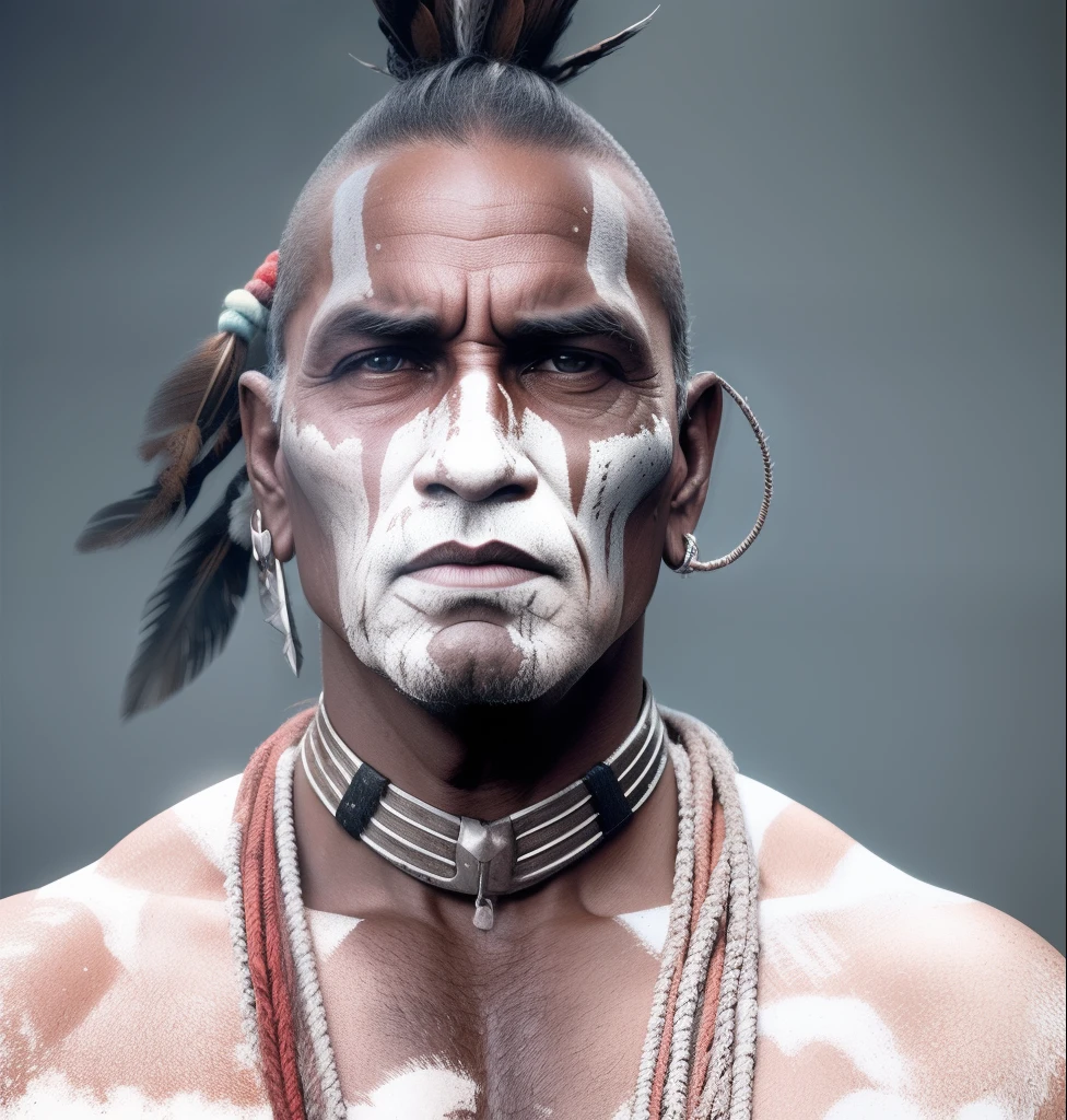 Create the dramatic lighting image of a Native American man , com dedos extremamente perfeitos, perfect hands,  de 80 anos, The face with indigenous war ink,  rosto coberto pela tinta vermelha e preta Traje nativo americano,  colares diversos de sementes e dentes de animais. Deserto como pano de fundo, amanhecer, Dreadlock, cabelo masculino, Cabelos Longos, 
 It only has as a backdrop a scenario of mystery and magic with a lot of mysticism, digital art trending on Artstation 8k HD high definition detailed realistic, circunstanciado, textura da pele, hiper detalhado, textura de pele realista, armadura, melhor qualidade, ultra high-resolution, (fotorrealista:1.4), high resolution, circunstanciado, Foto RAW, sharp re, by Lee Jeffries Nikon D850 film Stock Photography 4 Kodak Portra 400 camera F1.6 lens rich colors hyper realistic lifelike texture dramatic lighting unrealengine trending on artstation cinestill 800,