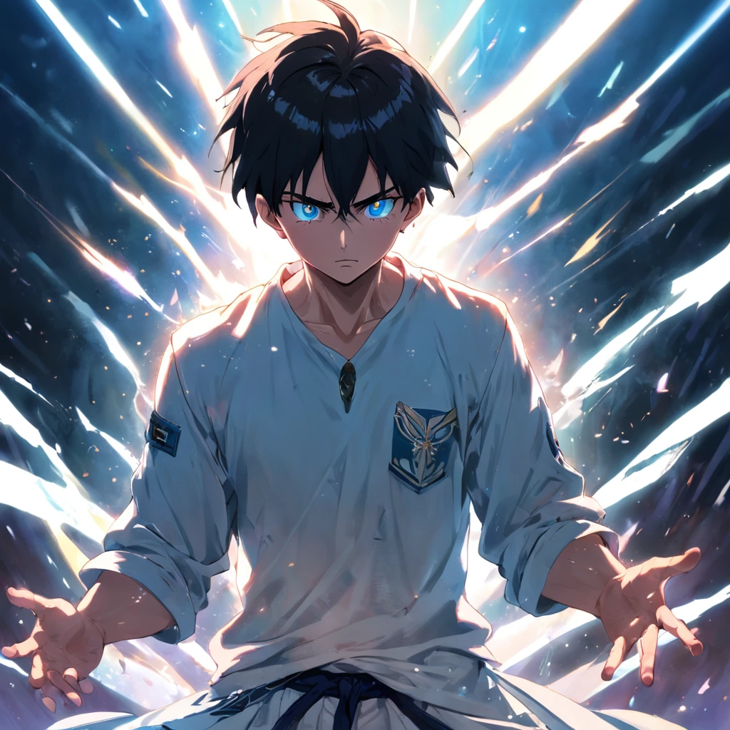 HOMEM JOVEM, BONITO, standingn, OPEN HANDS WITH LIGHT RAYS EMANATING FROM THE HANDS, CAMISA JEANS, white long pants, attack position, PULANDO E SOCANDO, serious face expression, OLHOS VERDES