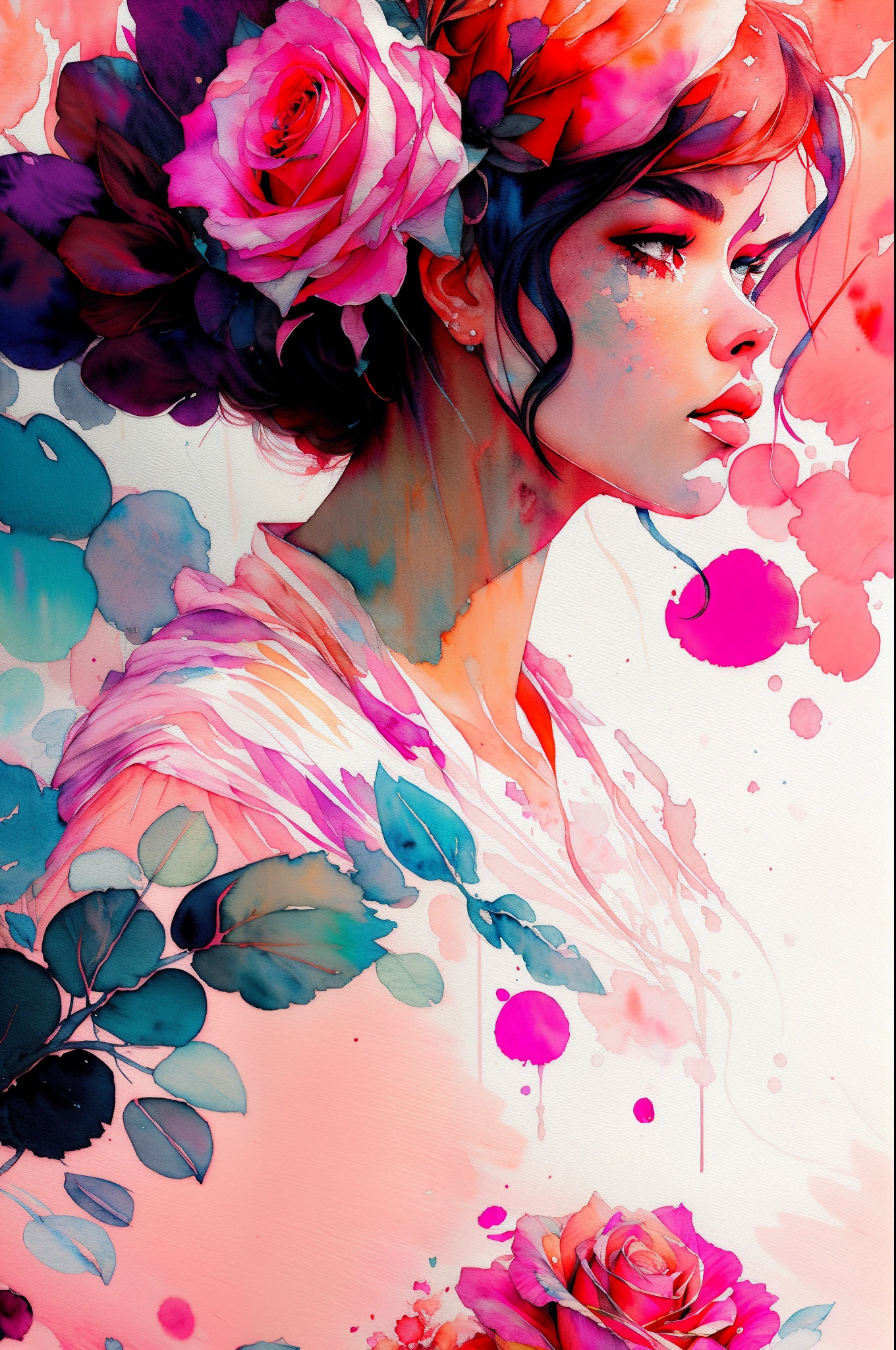 wtrcolor style, (rose) digital art, official art, blown by the wind, masterpiece, beautiful, ((watercolor)), paint splatter, intricate detail. Great detail, [dripping:0.7], Trending on Artstation, Rachel Walker
