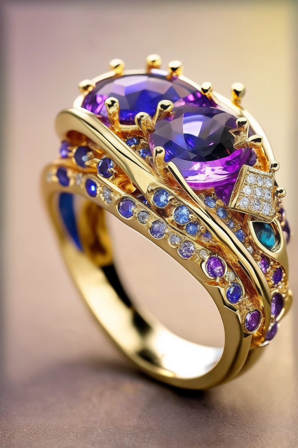 Masterpiece,highest quality,(Nothing but the ring),(No Man),Phoenix ring setting,starrysky,Wrapped around the end from beginning to end,Delicate gold ring,Starry sky in the ring,The sheen,inverted image,Sparkling blue-purple gemstones,Elegant and noble,simple backgound