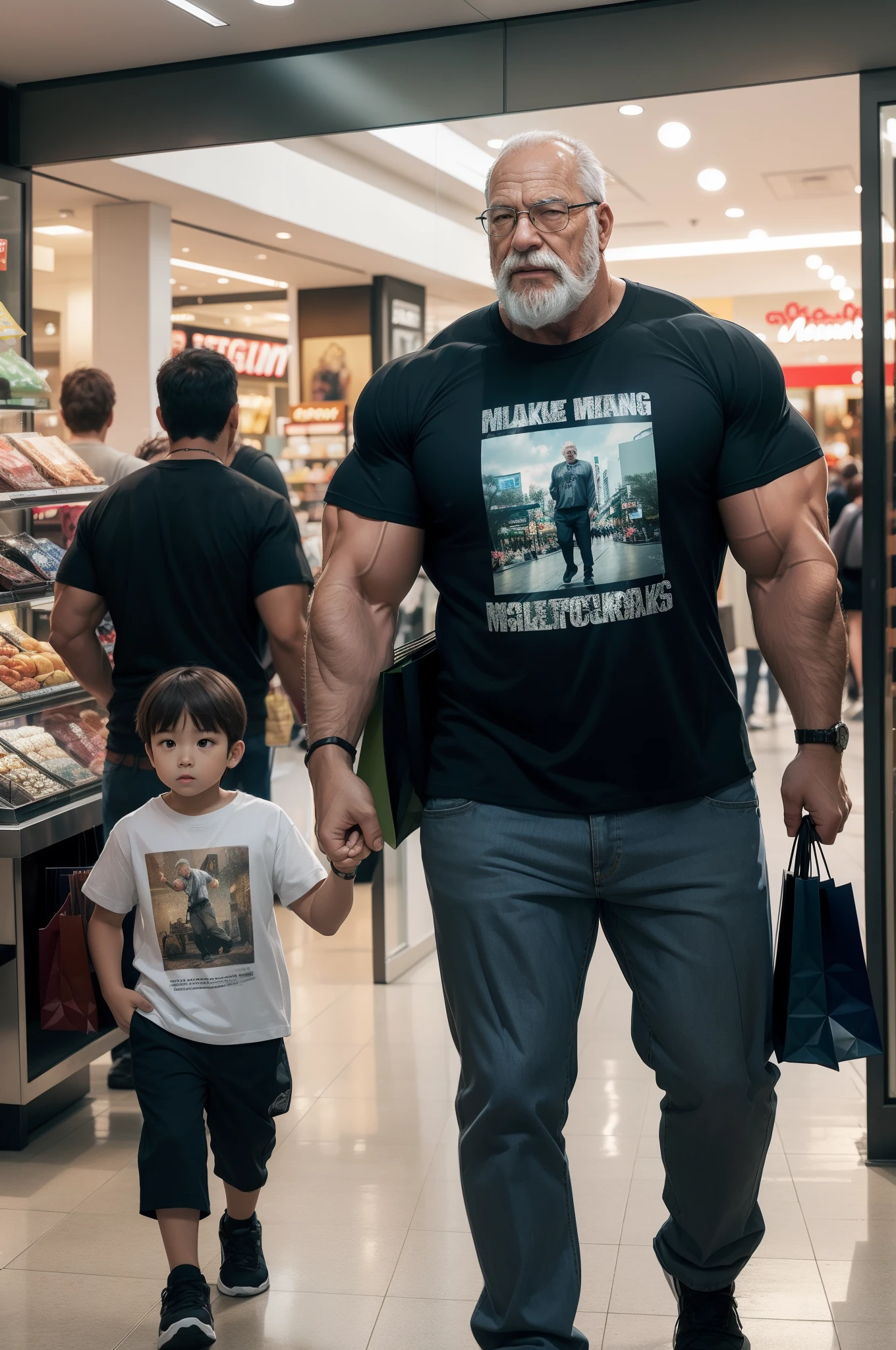 "A huge muscular old man walking in a bustling mall, shopping center, glass storefronts, (wearing t-shirt)
