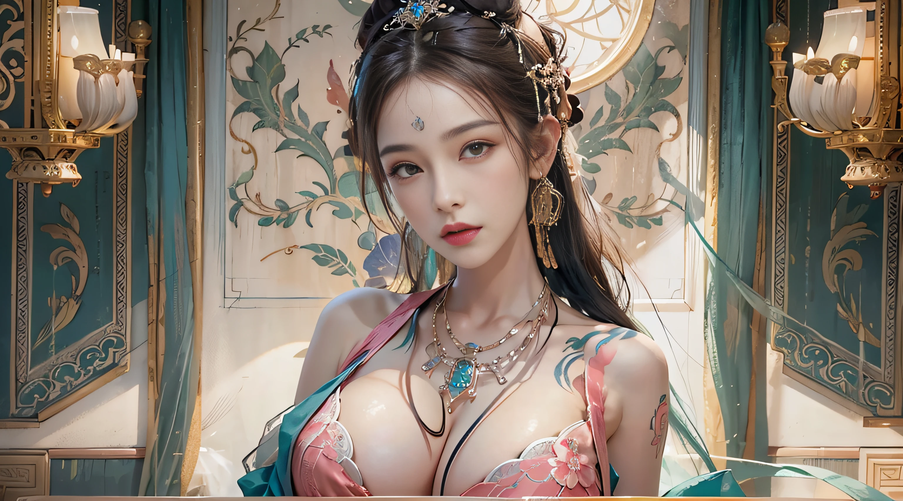 Photorealistic, high resolution, 1womanl, gigantic cleavage breasts，cleavage，tit，Solo, Hips up, view the viewer, (Detailed face), dunhuang_dress, jewelry, tattoo