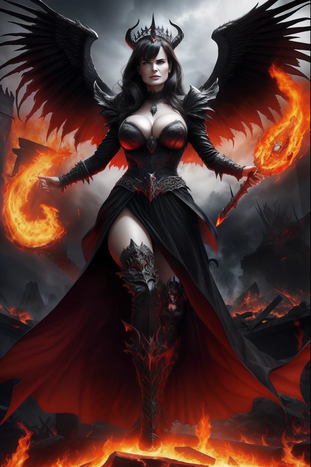 Ultra-detailed Lisa Ann stands atop a pile of burning ruins, Her diabolical and insidious presence radiating from her dark crown and black and red evil queen dress.......... Her demon wings on her back and demon horn give her an invincible aura as she unleashes a powerful wave of destruction with a single gesture..................