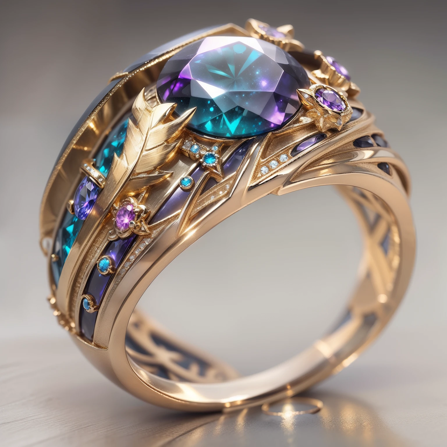 Masterpiece，highest  quality，(Nothing but the ring)，(No Man),Phoenix ring setting，starrysky，Wrapped around the end from beginning to end，Delicate gold ring，Starry sky in the ring,The sheen，inverted image，Sparkling blue-purple gemstones，Elegant and noble,simple backgound