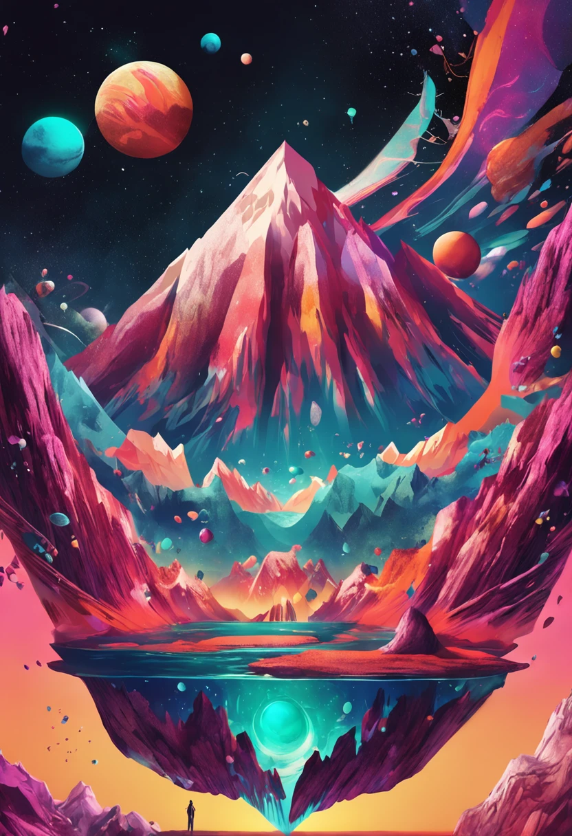 Somewhere in space. A mountain surrounded by the ocean. a planet of mysteries floating above the mountain. dark and colorful. everything is cosmic. 3D. other small planets in the space bursting radiating cosmic energy. left side of the mountain contains crystals.