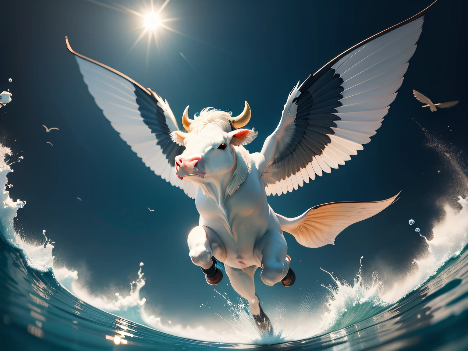 Fish with wings,The head of the cow,has a tail,Has limbs